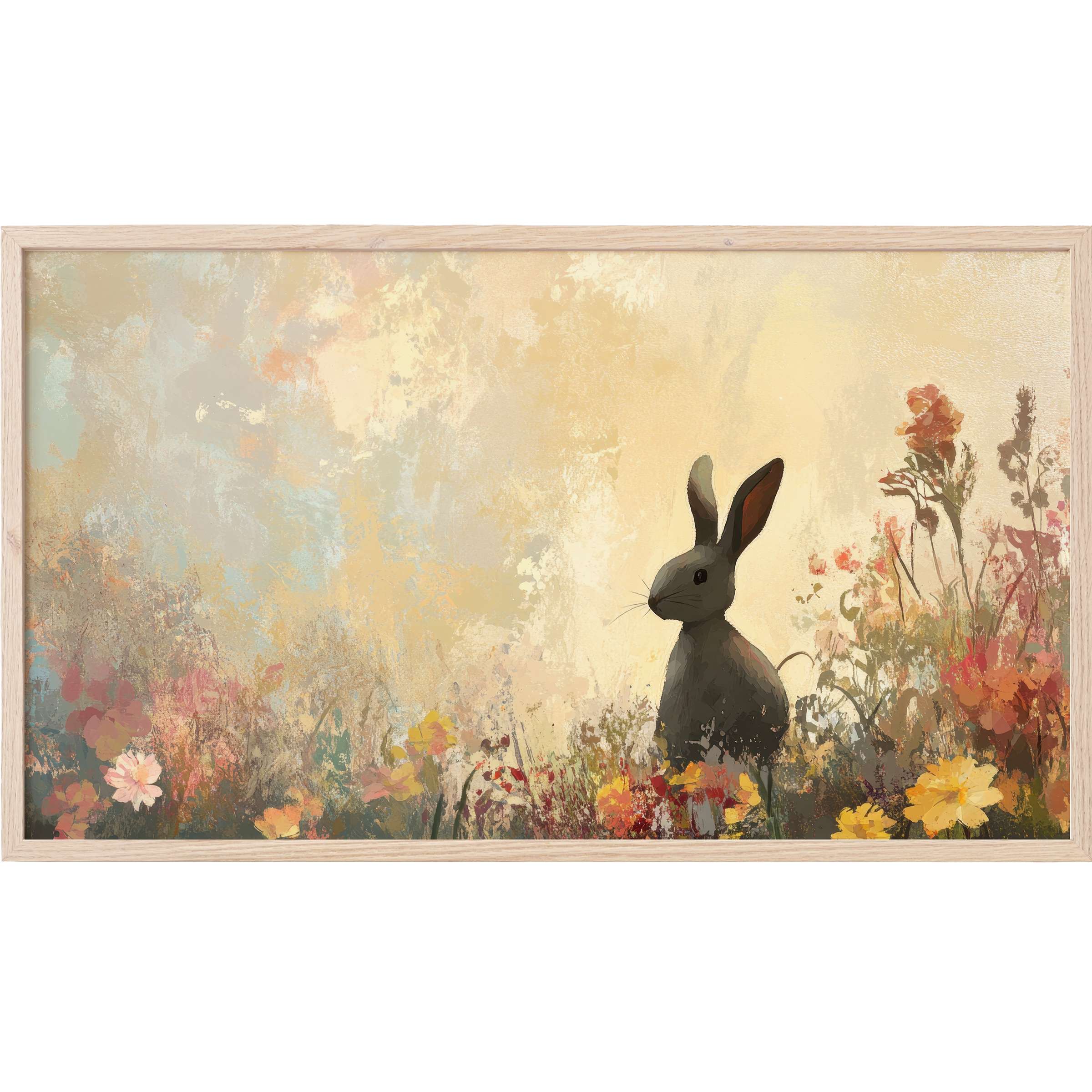 Elegant easter Frame TV Art with a serene rabbit amid warm pastel florals and soft, textured brushstrokes