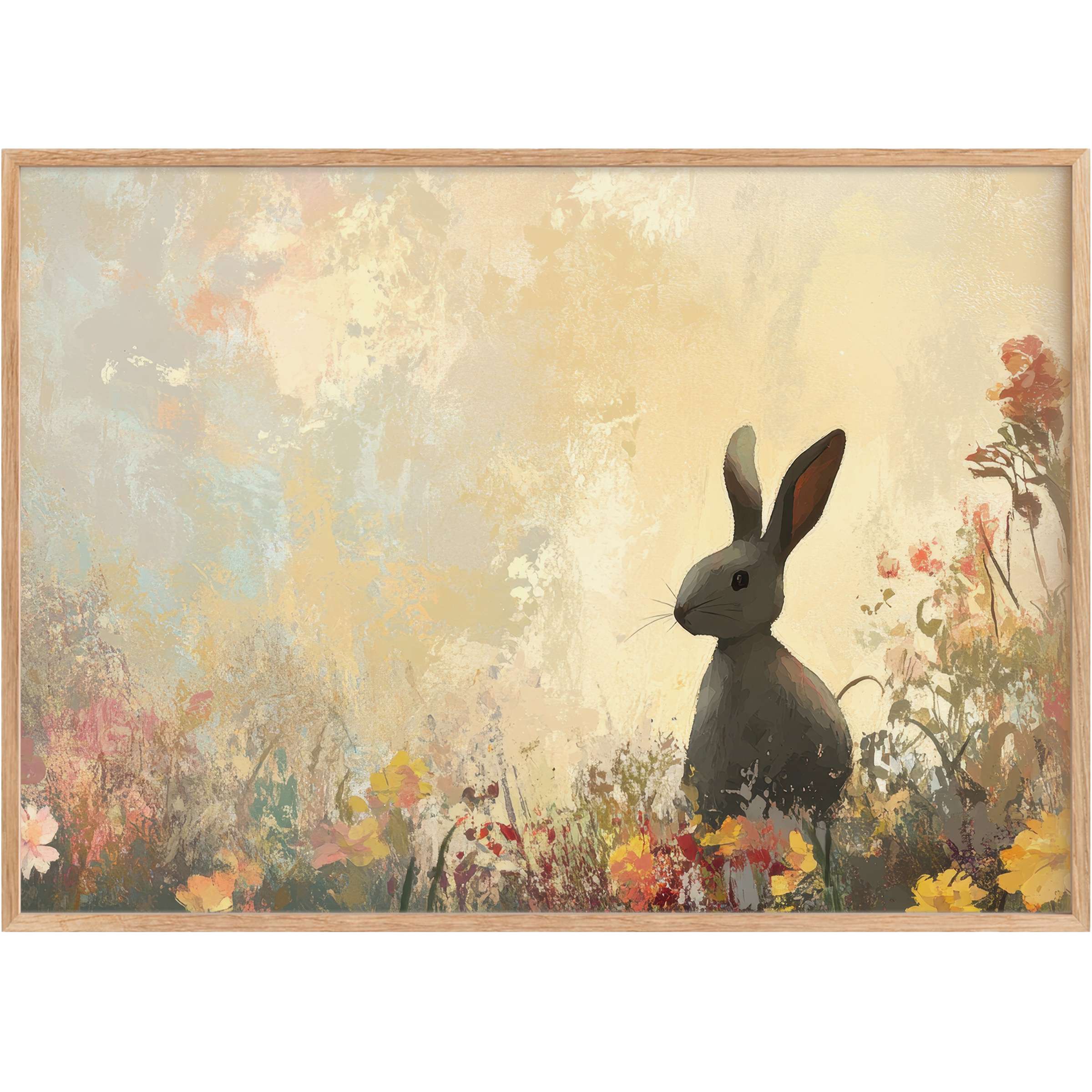 Easter printable wall art featuring a serene gray rabbit amid soft pastel florals, creating a warm, tranquil spring ambiance