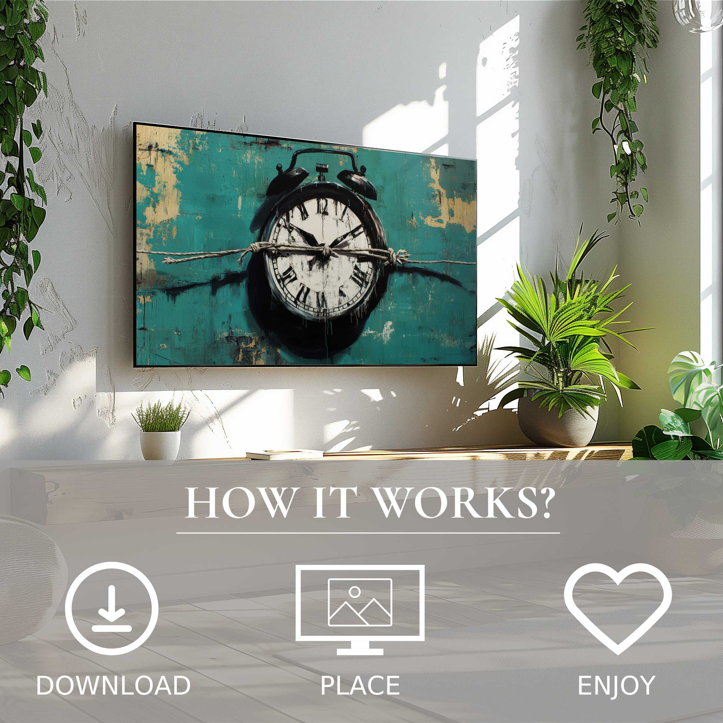 Modern living room with easy digital download street art for Samsung TV showing a weathered clock motif in teal tones