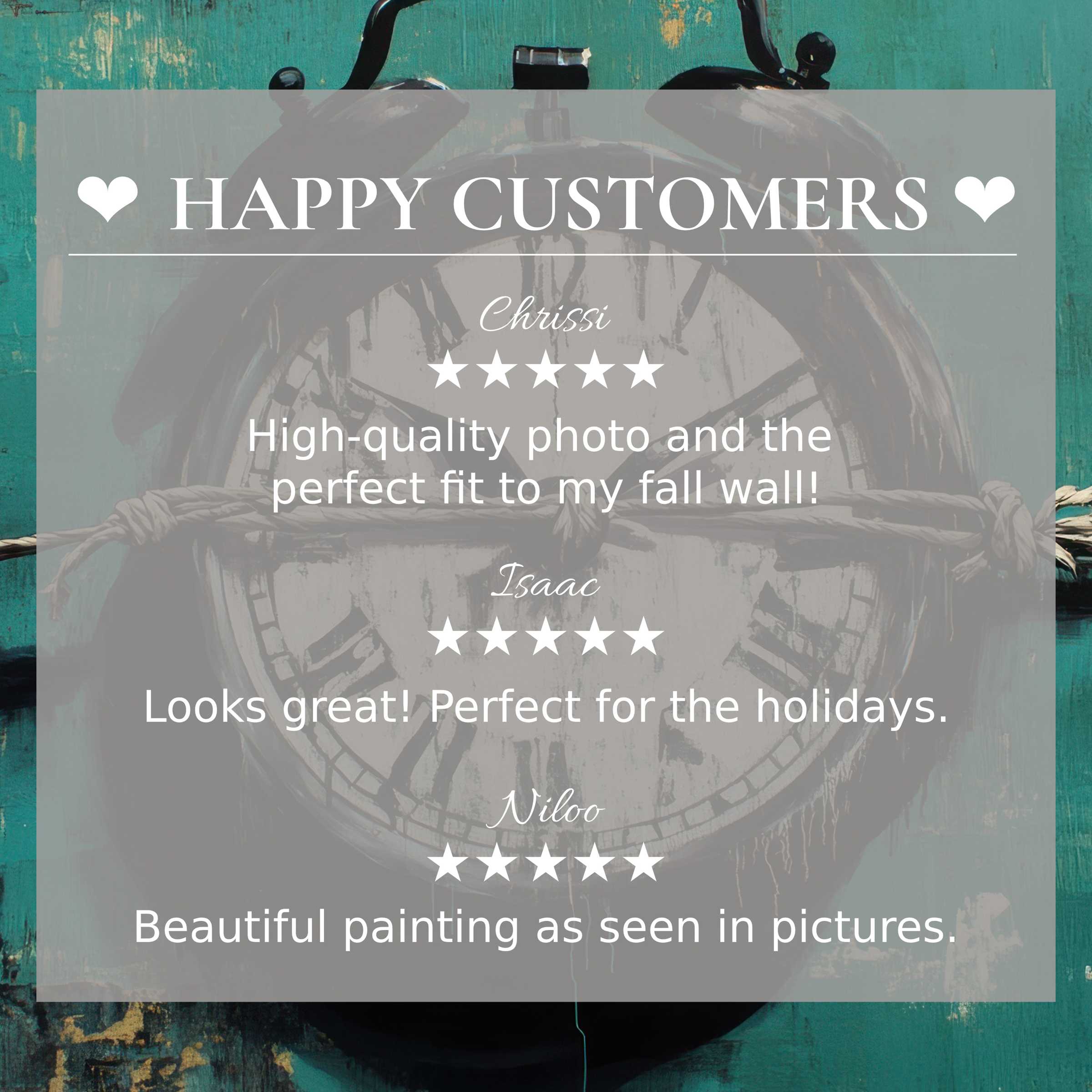 Street art for Frame TV with abstract teal background, showcasing happy customer reviews and elegant product appeal