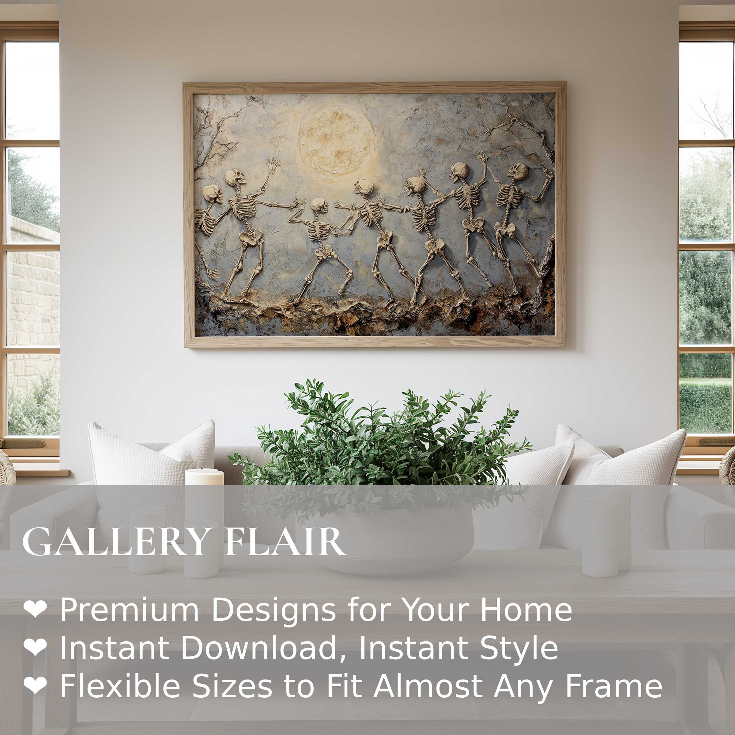 Halloween wall art print featuring playful skeletons dancing beneath a radiant full moon, enriching modern minimalist interiors with bold, whimsical charm