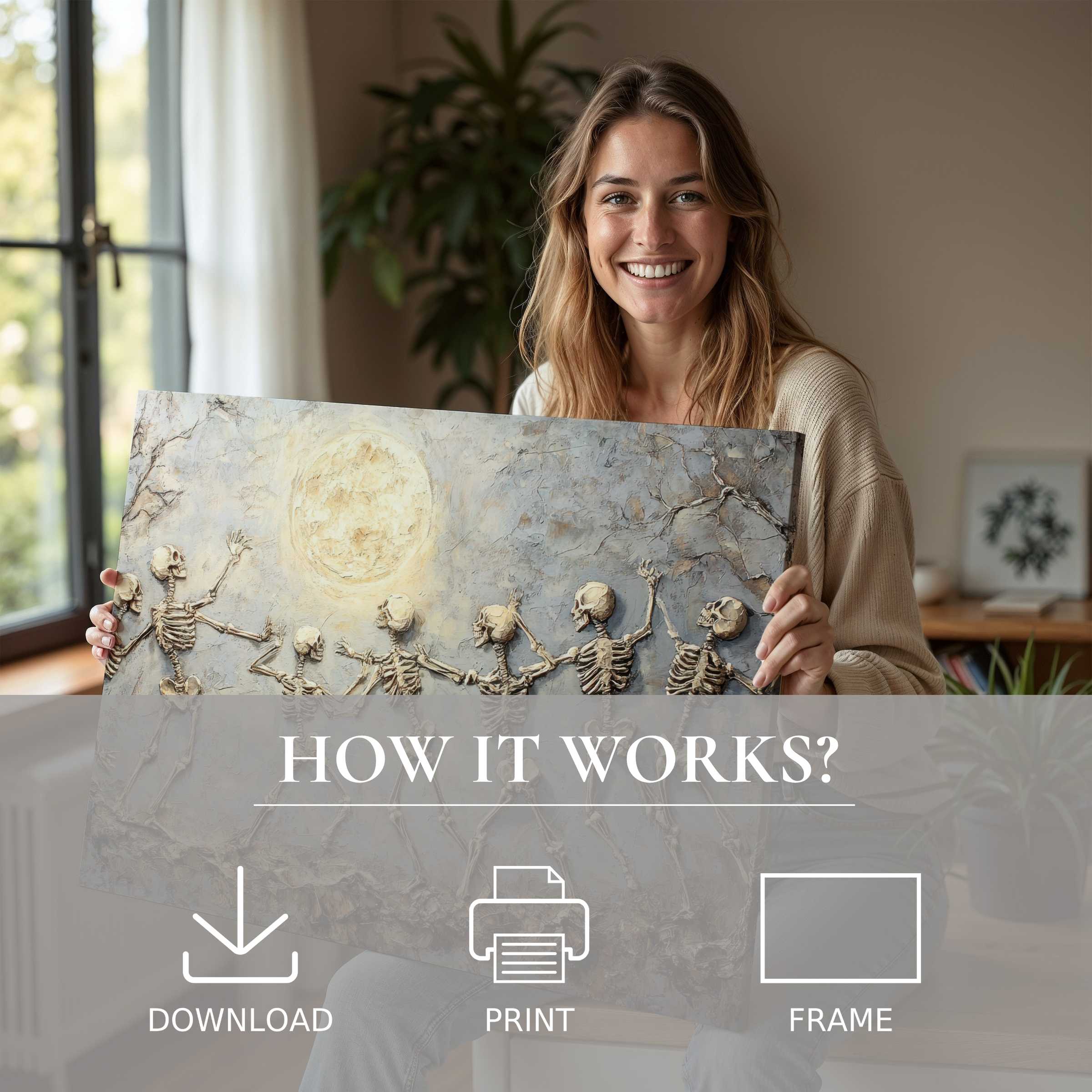 Bright, joyful moment showcasing a Halloween digital art print in a modern home, inspiring connection with art
