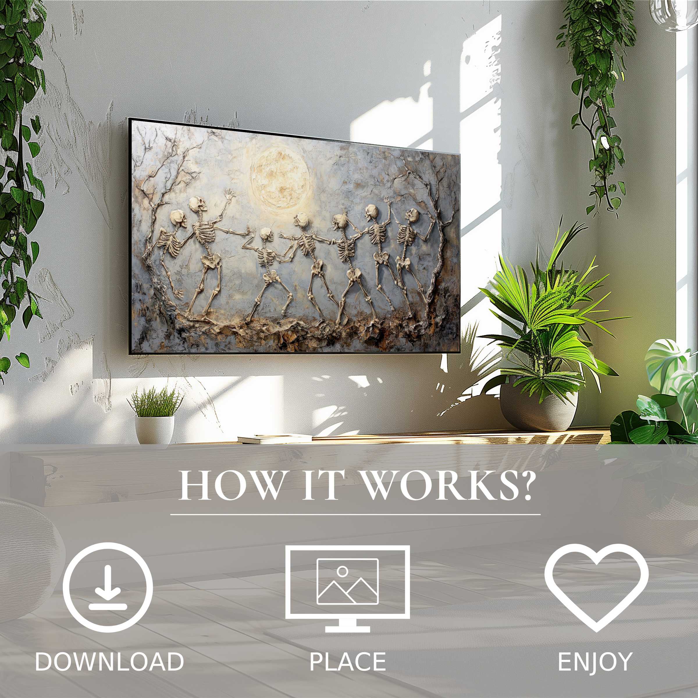 Halloween art for Samsung TV shows dancing skeletons in muted tones; easy digital download enriches sleek living spaces