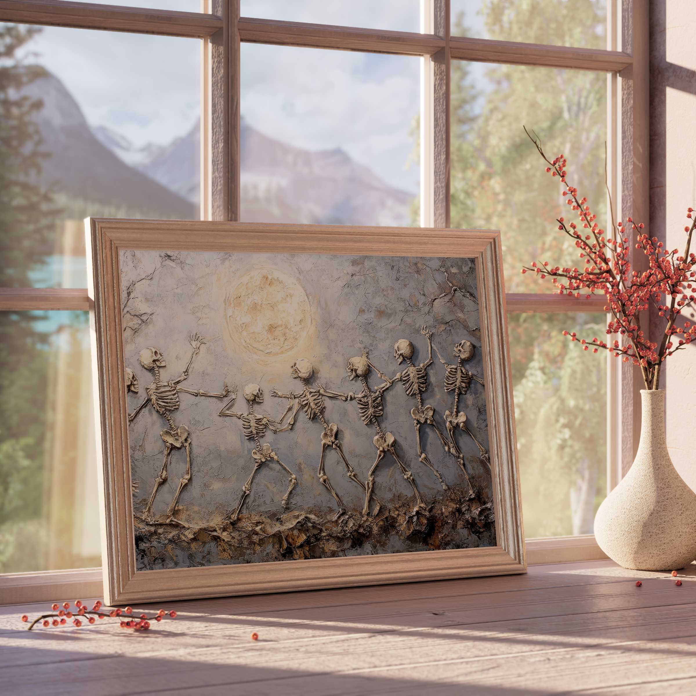 Moonlit skeleton dance Halloween downloadable art, elevating curated interiors with warm, textured charm and seasonal elegance