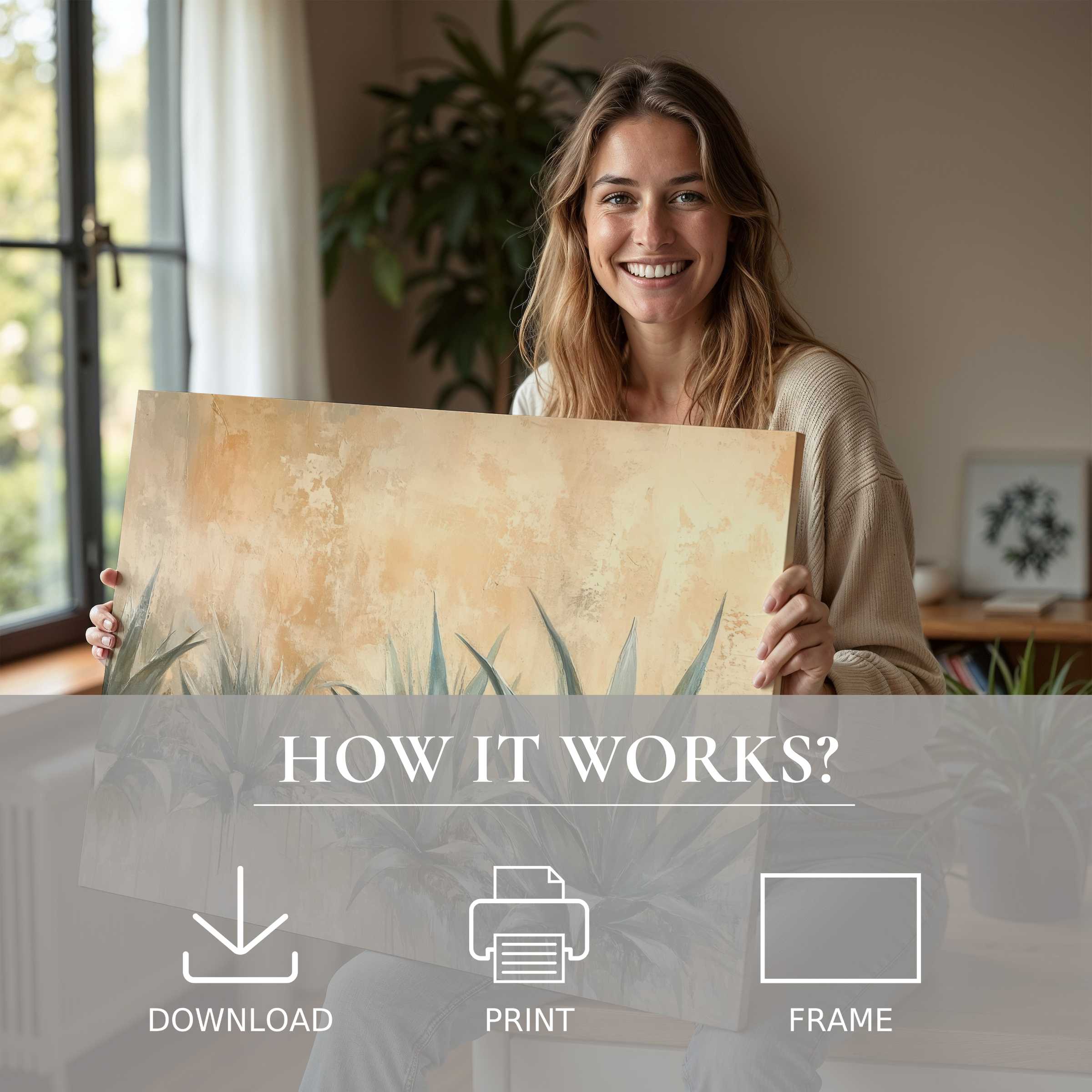 Elegant moment of connection as a woman embraces a botanical digital art print, infusing her modern home with serene joy