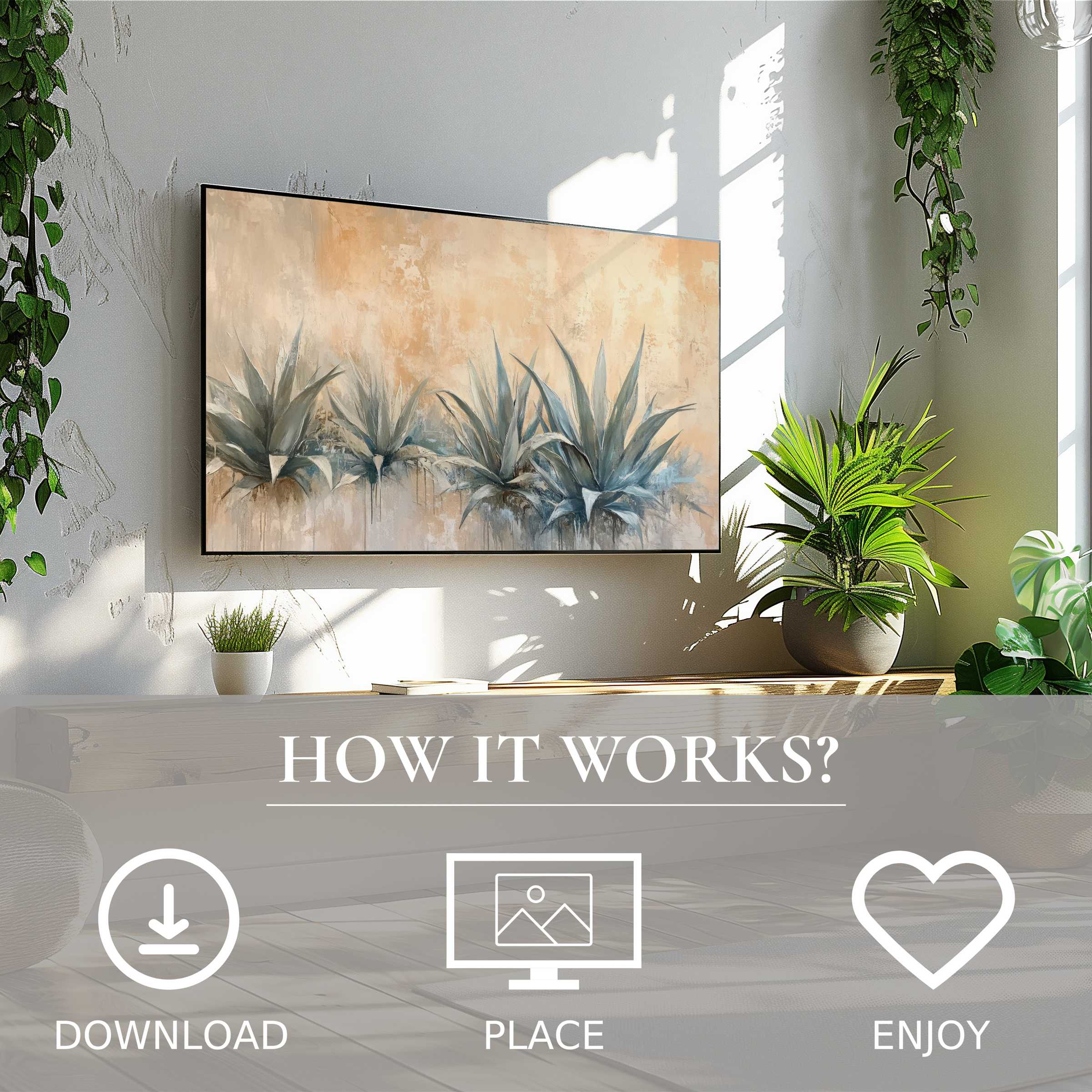 Botanical art for Samsung TV with soft earthy tones, easy digital download, enriching modern living spaces