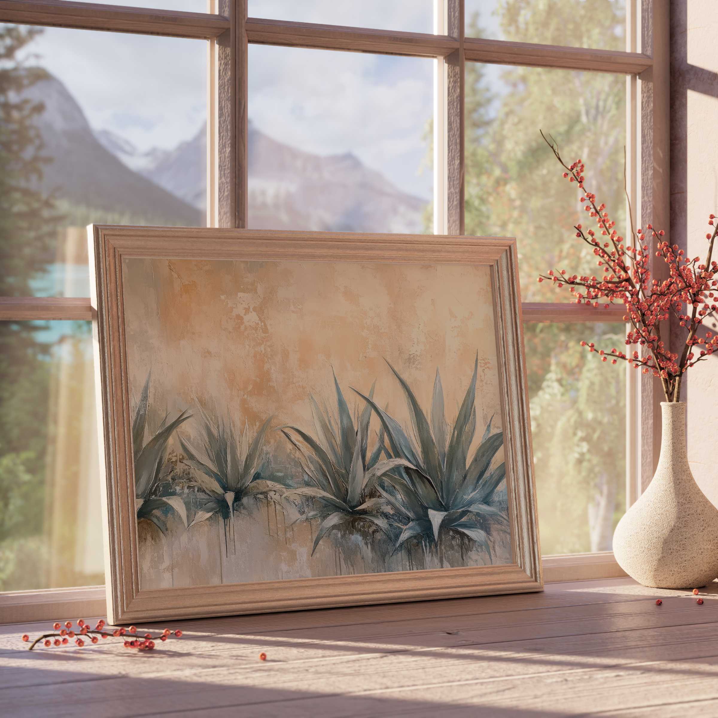 Botanical downloadable art showcasing serene agave plants in muted tones, perfect for curated, tranquil, design-forward interiors