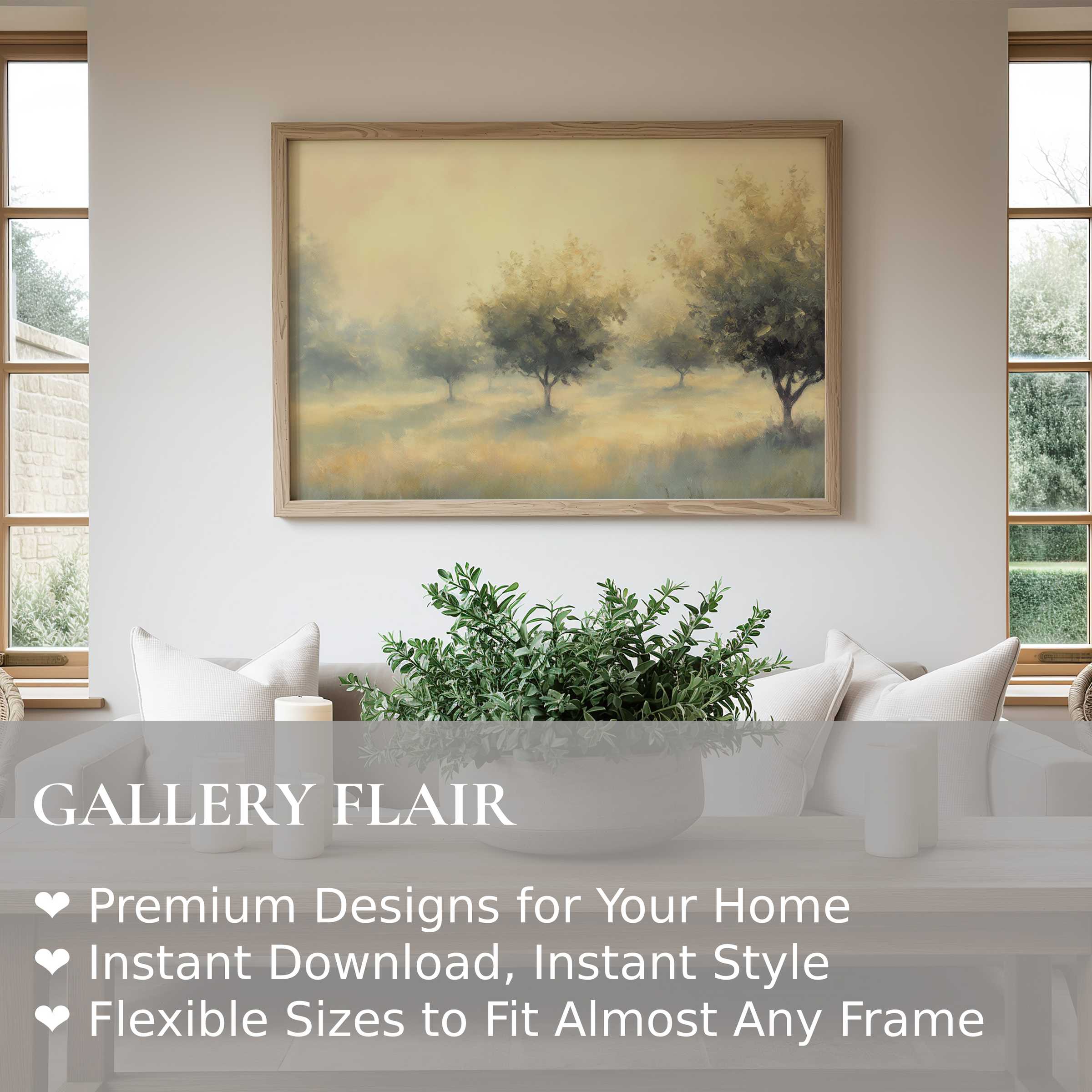 Elegant tree wall art print showcasing a soft, radiant orchard scene in a serene, modern farmhouse living room, elevating calm and warmth