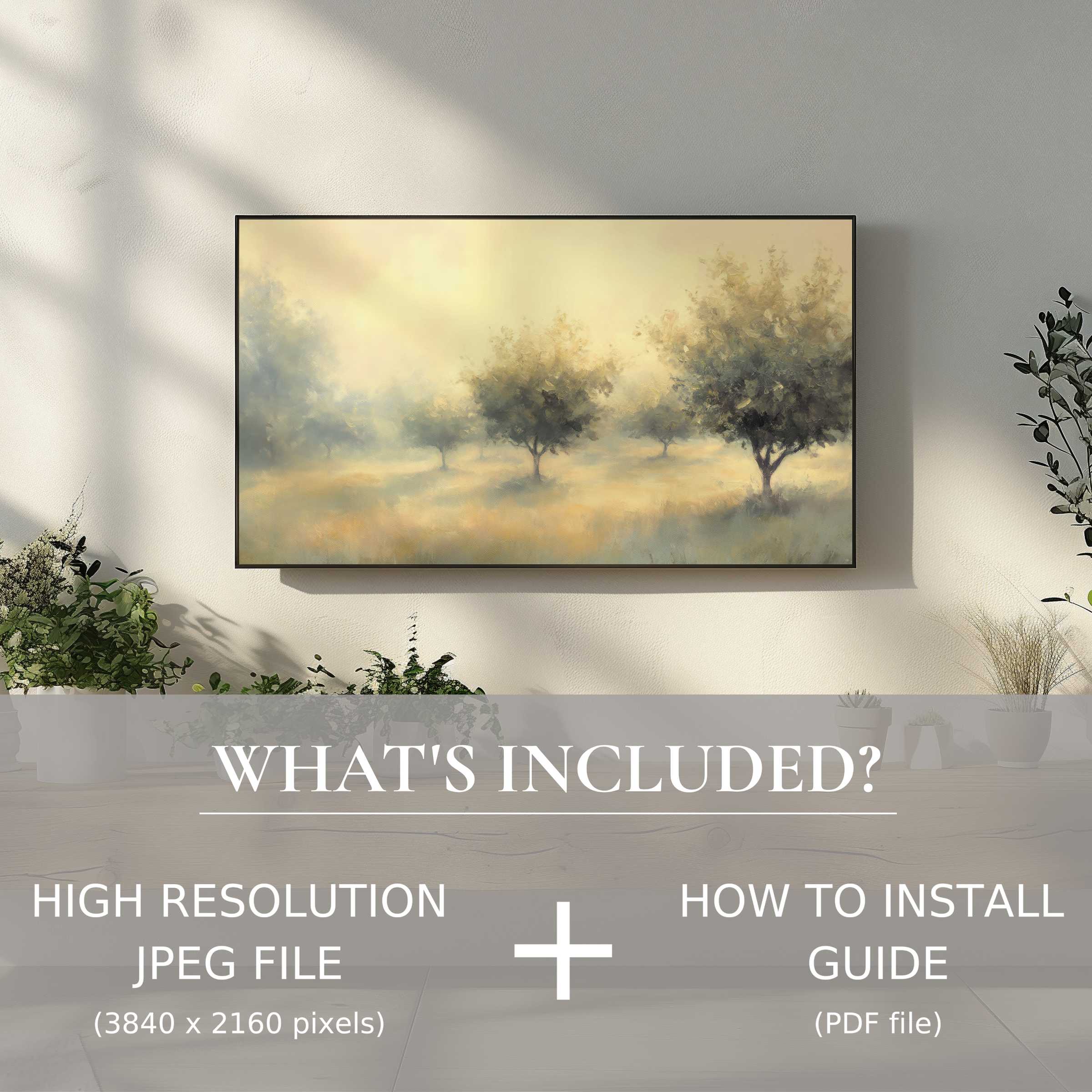 Elegant tree digital TV art download brightens your space with easy digital use and serene, modern style