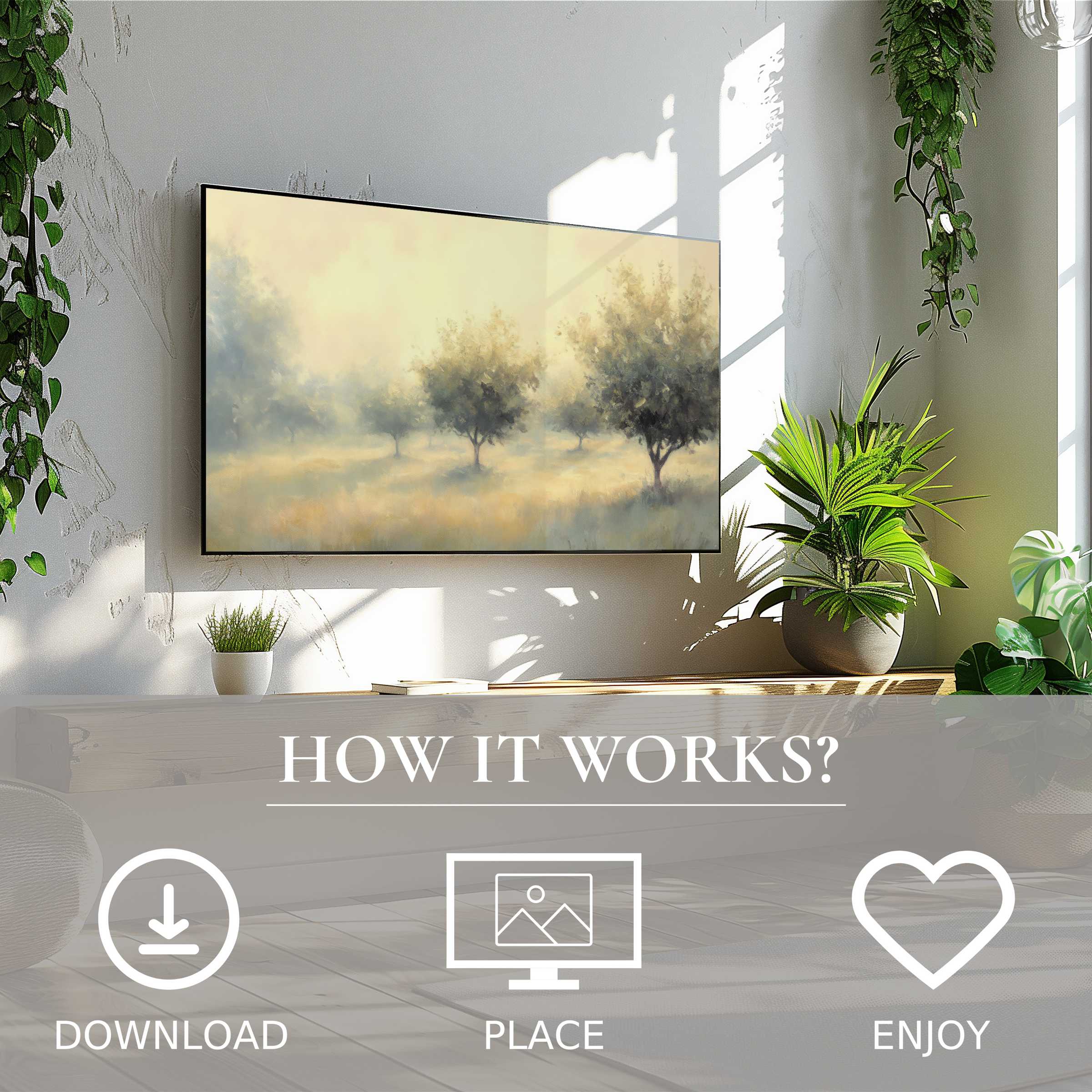 Tree art for Samsung TV in soft sunset tones, easy digital download enhances modern living with serene nature motif