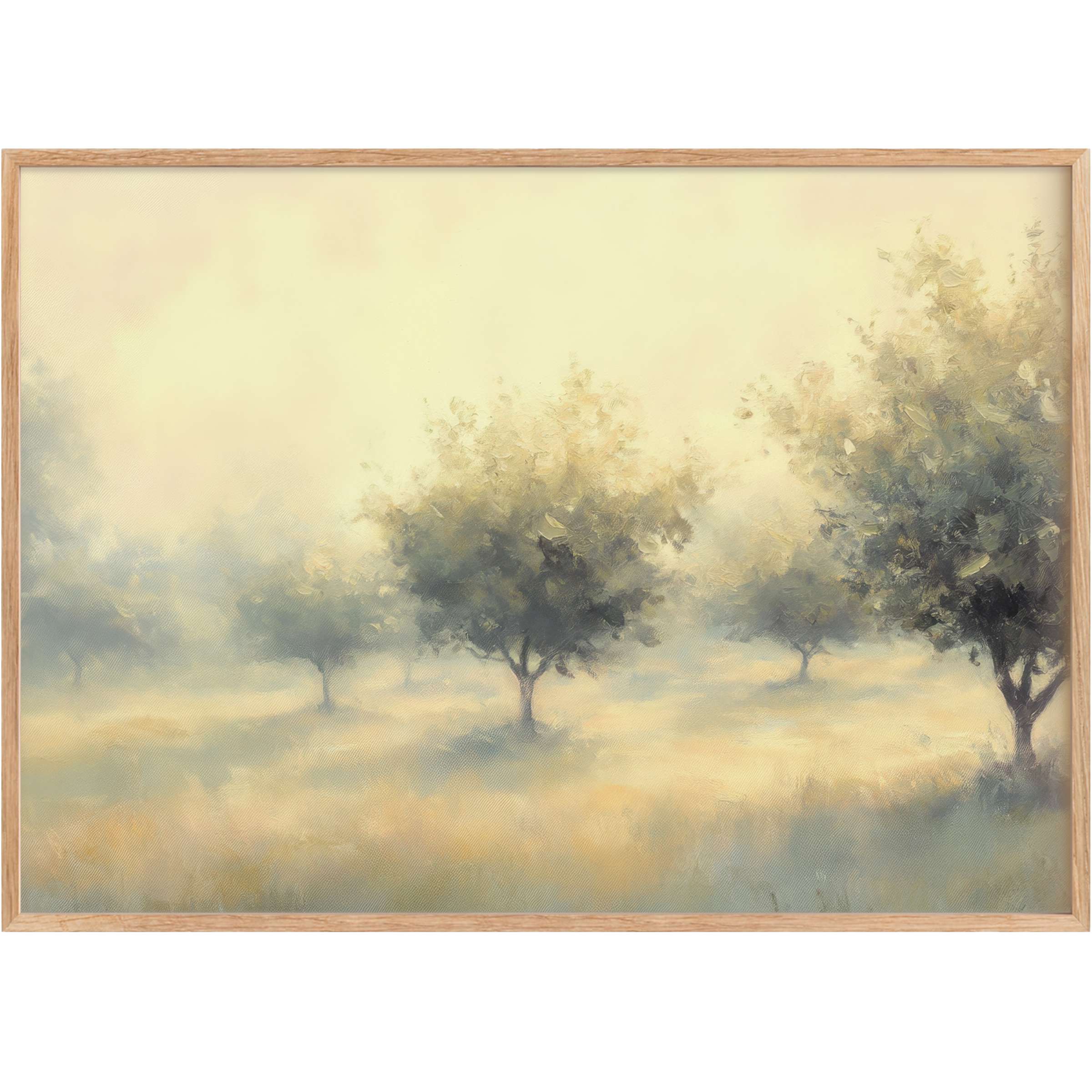 Serene tree printable wall art in soft hues of gold and blue, evoking calm mornings and timeless elegance in any space
