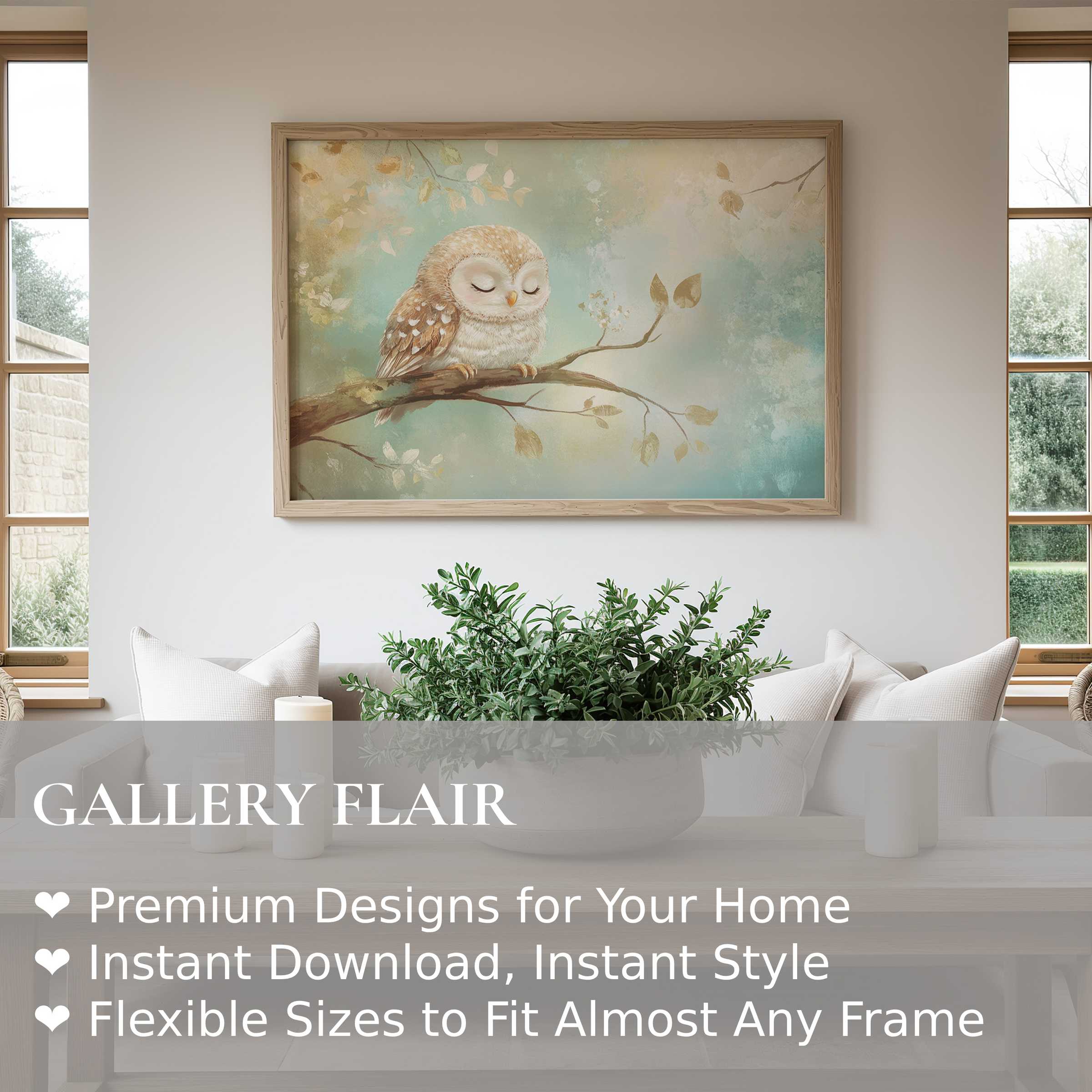 Soft and calming nursery wall art print featuring a serene owl on a branch, enhancing modern minimalist nursery decor
