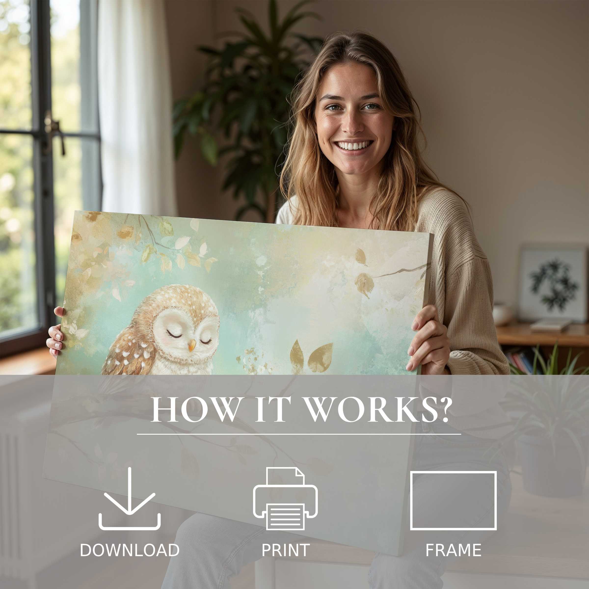 A serene moment in a contemporary home, a soft-hued nursery digital art print evokes warmth and joy, seamlessly enhancing daily life