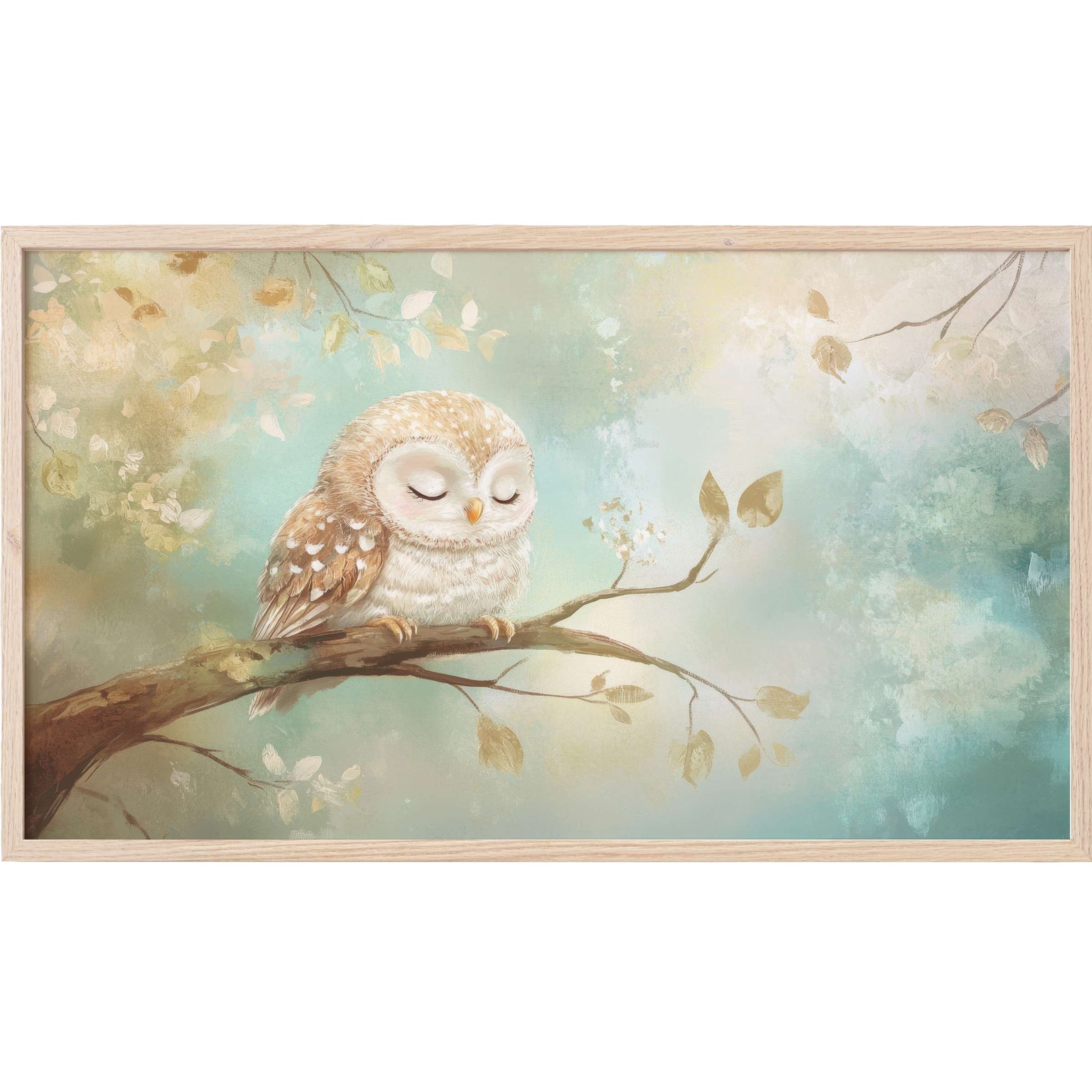 Nursery Frame TV Art featuring a soft, serene owl on a branch in muted blues, creams, and gentle earth tones