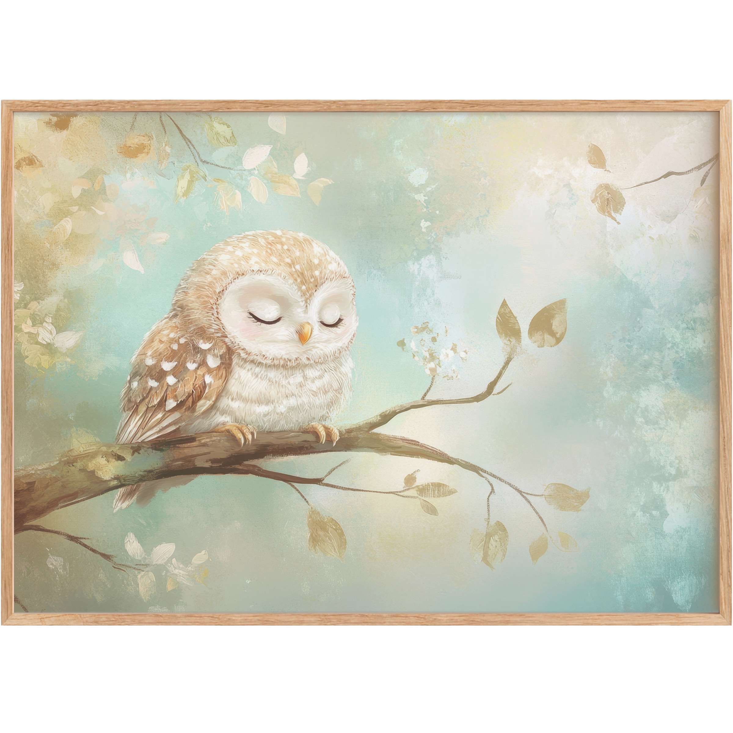 Gentle owl in soft beige and teal hues creates a serene, calming nursery printable wall art that soothes and uplifts