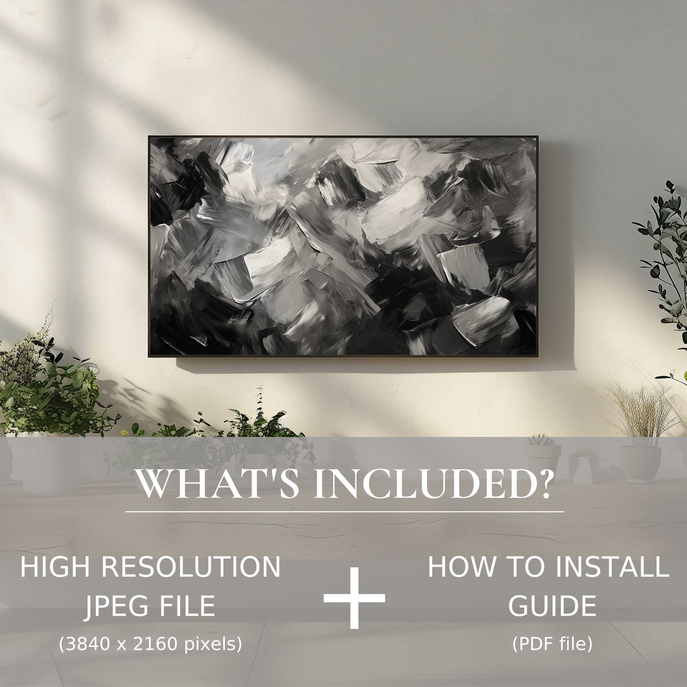 Elegant black and white digital TV art download, effortless to use, enhancing modern living spaces with stylish charm