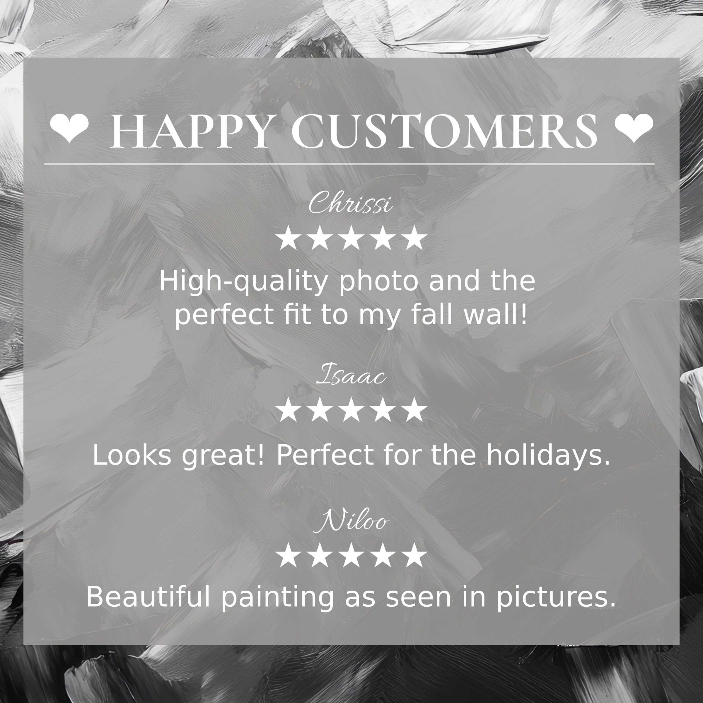 Elegant black and white art for Frame TV with abstract brushstrokes, highlighting happy customer reviews and refined trust