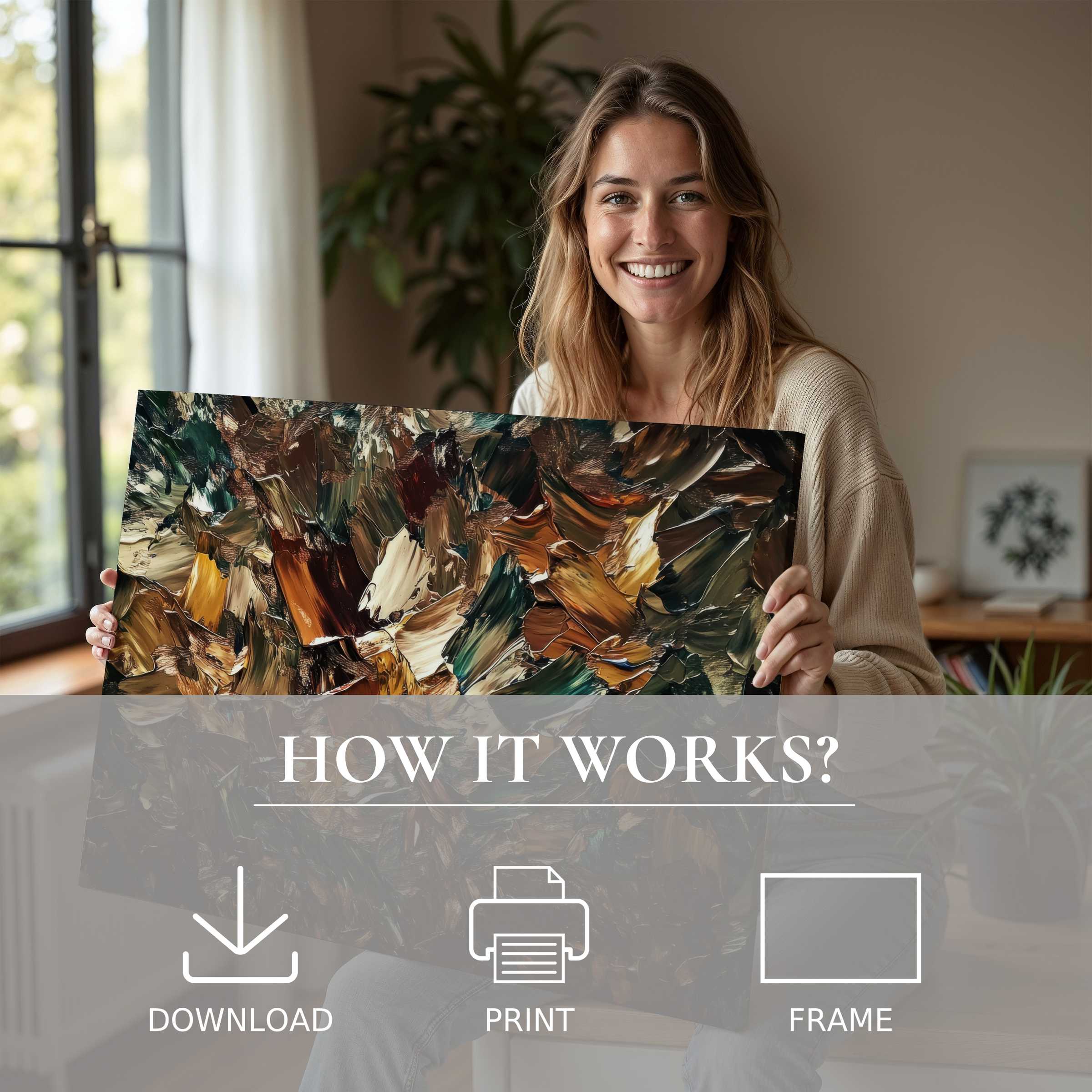 Radiating warmth and joy, a woman celebrates the transformative beauty of an abstract digital art print in a chic, serene home