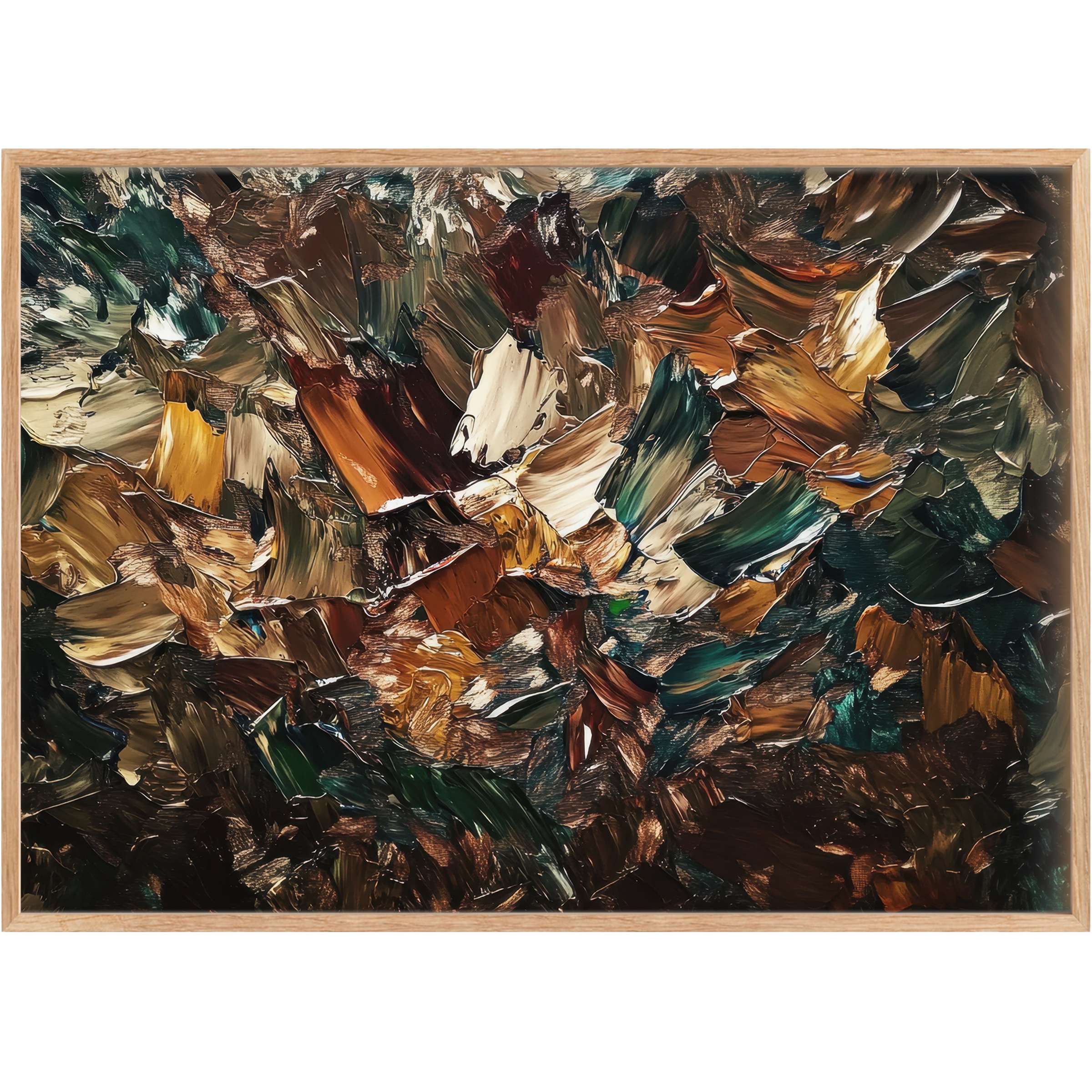 Rich, earthy tones of deep green, amber, and bronze fuse in this abstract printable wall art, evoking a warm, grounded, and sophisticated ambiance
