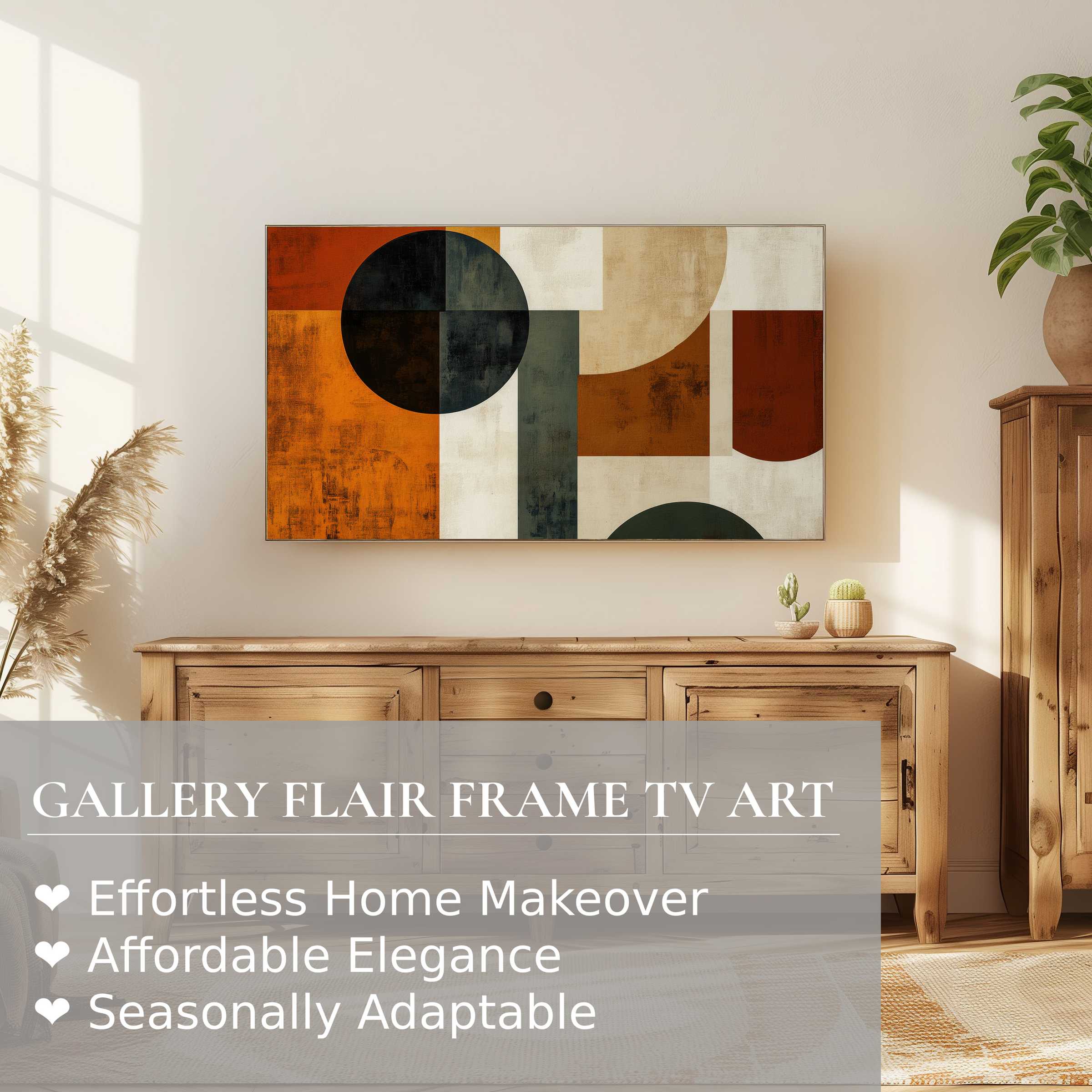 Samsung Frame TV displays modern digital artwork in warm tones, enhancing a refined, natural wood interior setting