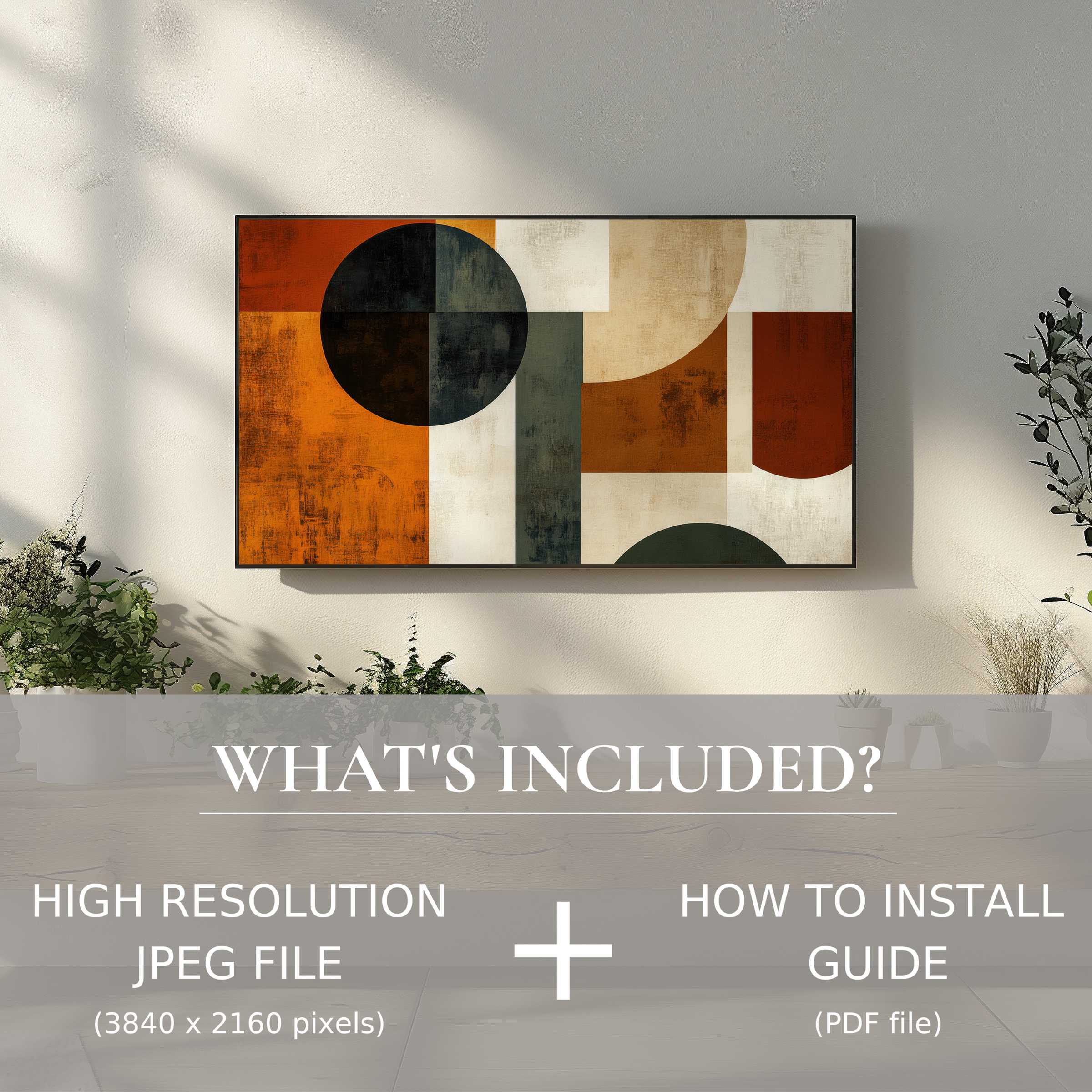 Elegant modern digital TV art download, easy to use, enhances living space with bold geometric design