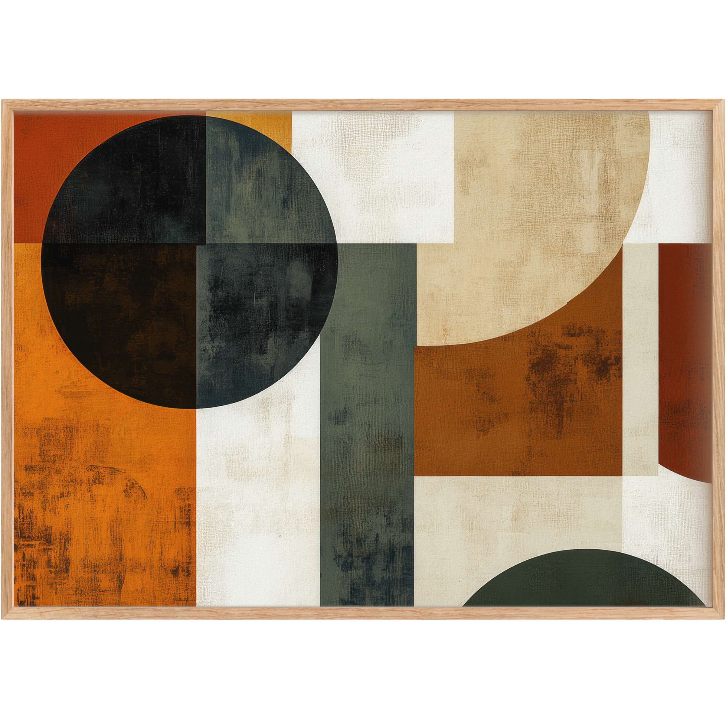 Modern printable wall art featuring bold geometric shapes in warm ochre, deep charcoal, and soft beige, creating a sophisticated, grounding ambiance
