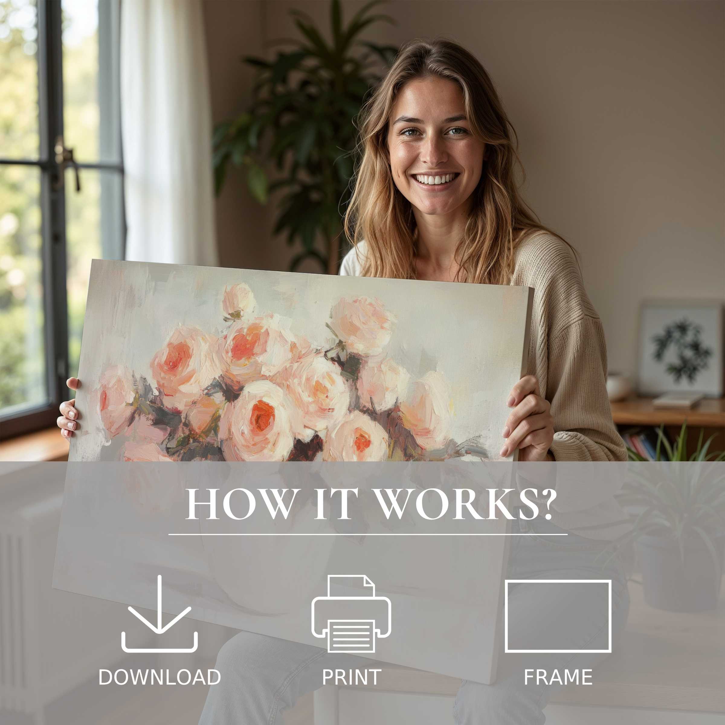 A serene moment of joy and connection, showcasing a floral digital art print that elevates modern living with effortless elegance