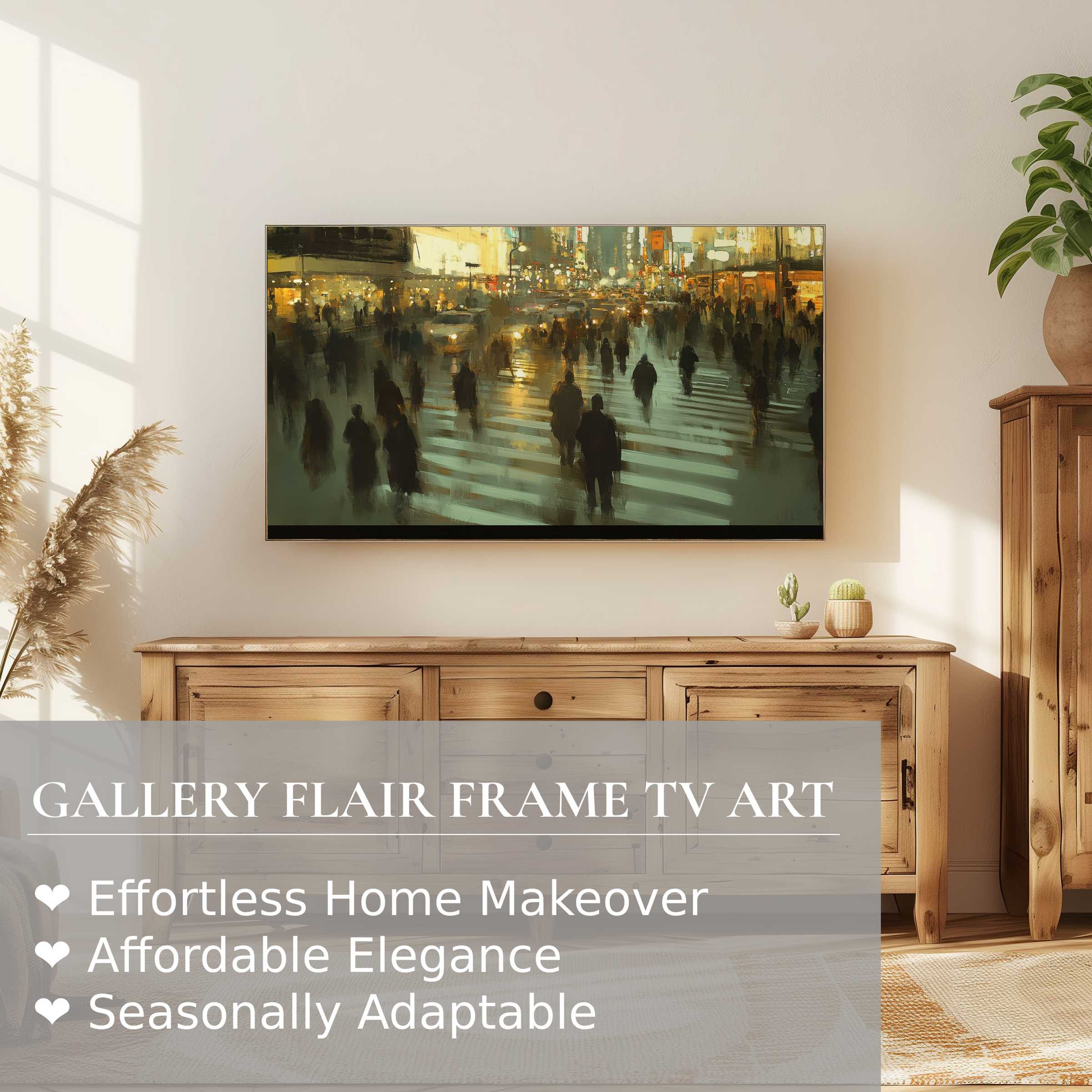 Modern Samsung Frame TV displays elegant urban digital artwork in a warm, stylish living room setting