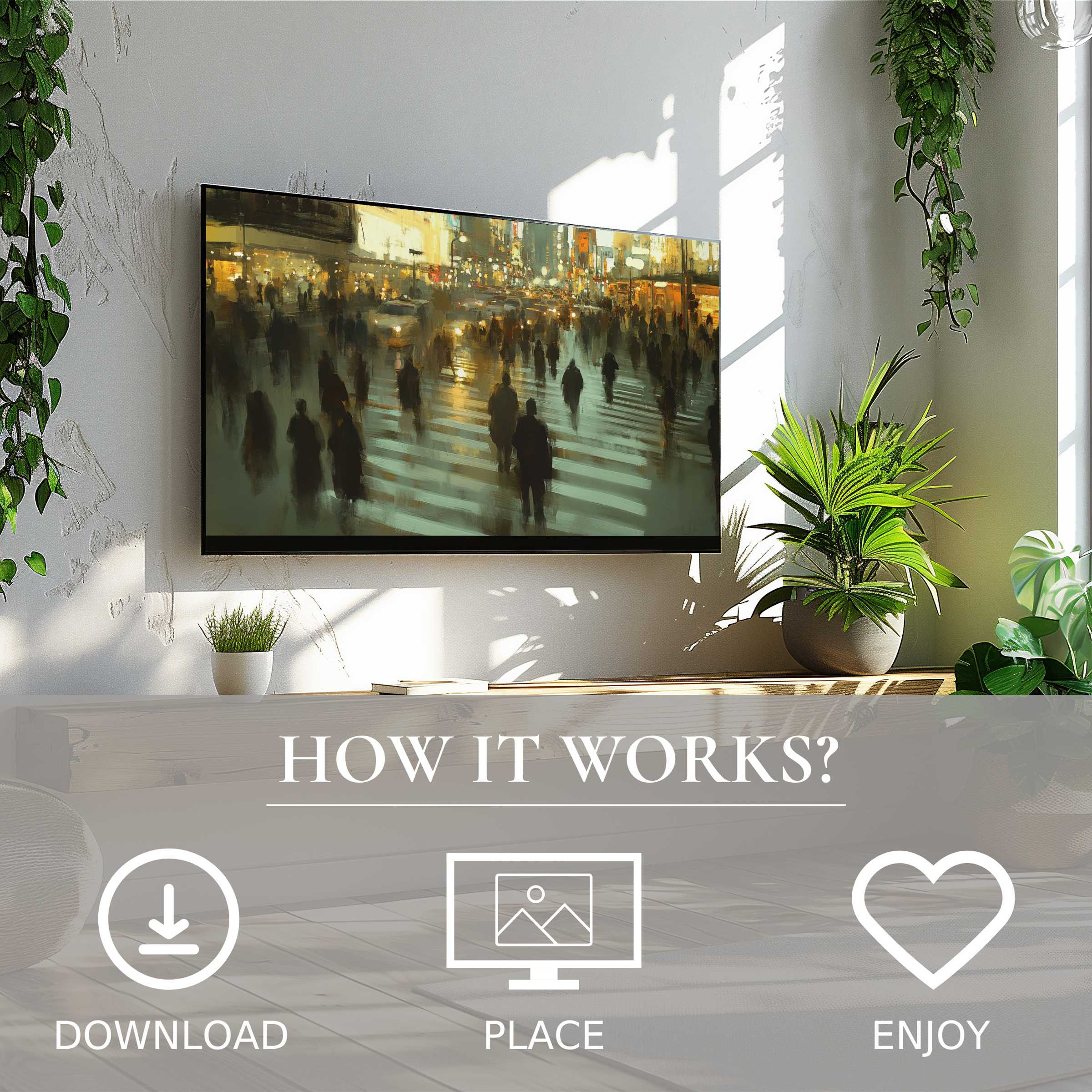 Urban art for Samsung TV in a bright room, digital download of bustling cityscape motif enriches décor