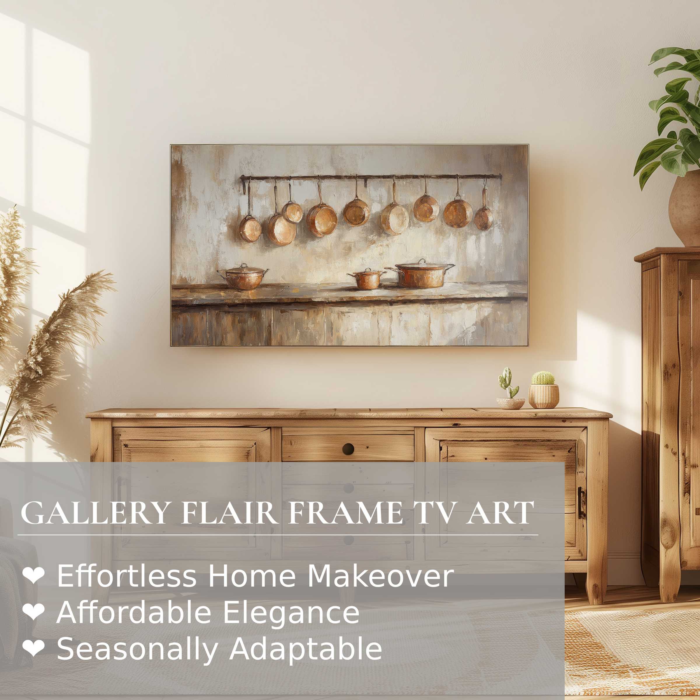 Samsung Frame TV showcasing farmhouse digital artwork with warm tones in a sleek, modern rustic living space