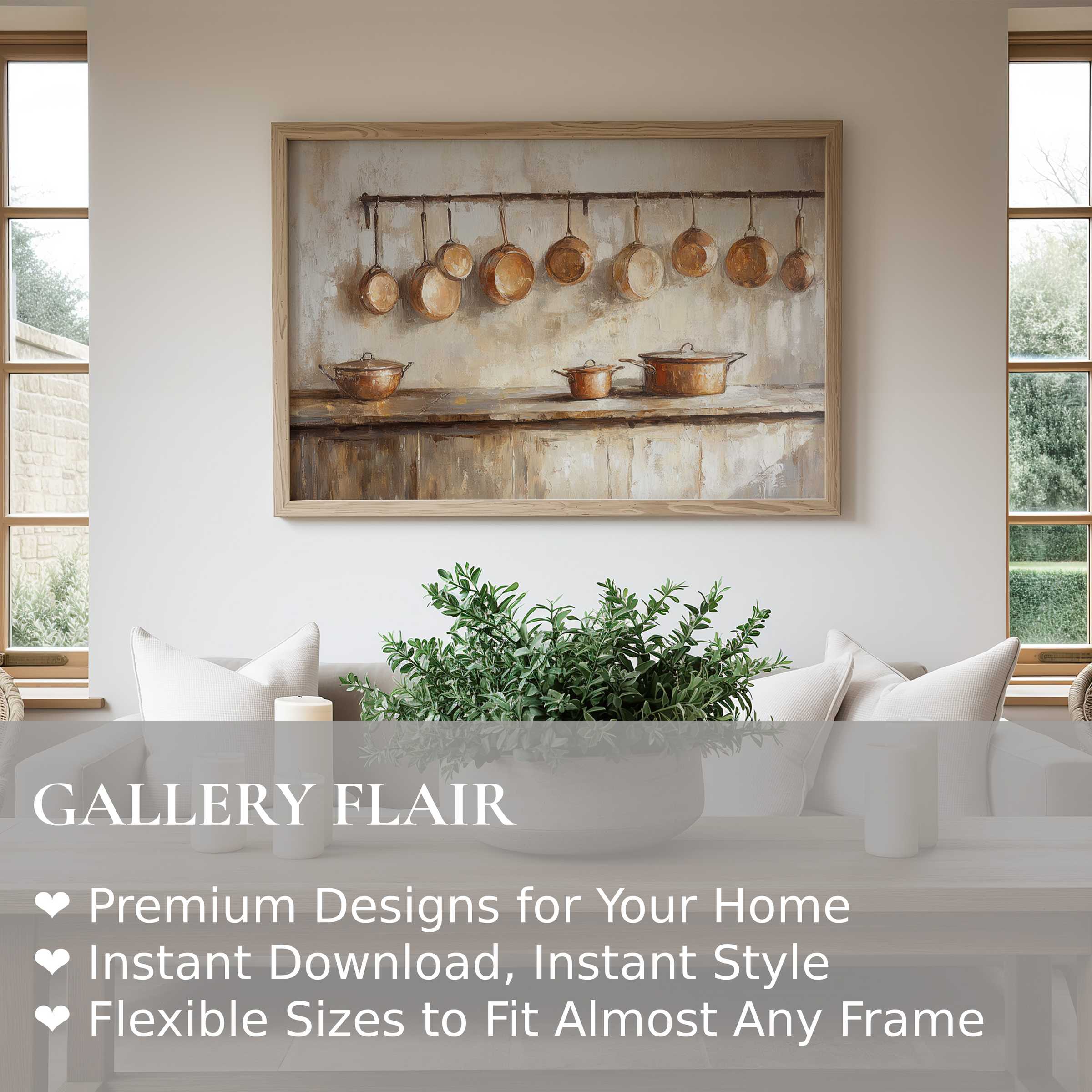 Farmhouse wall art print with warm copper pots in a soft, rustic kitchen scene; enhances modern farmhouse and cozy living spaces