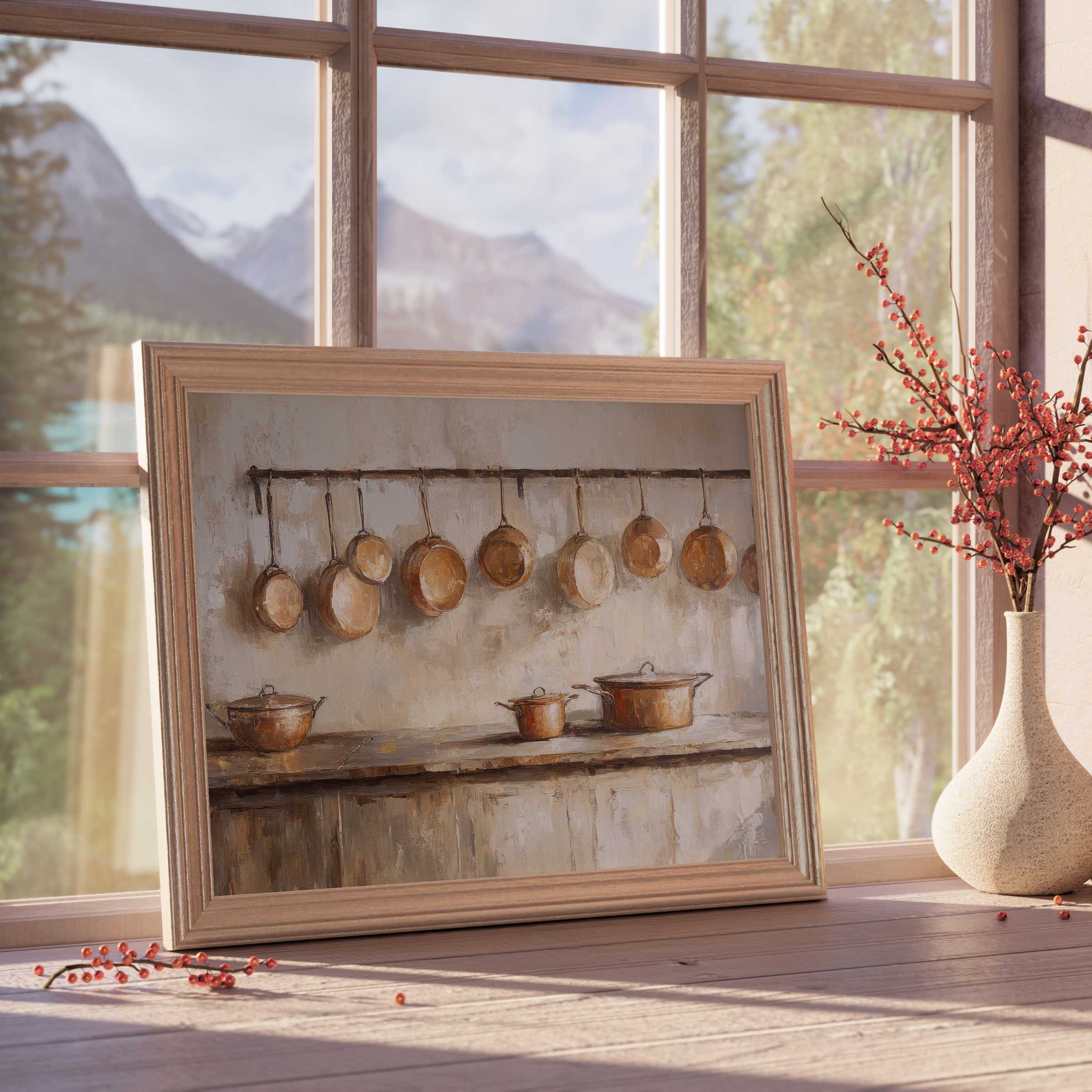 Elegant farmhouse downloadable art depicting rustic copper cookware, infusing warm charm and timeless tranquility into curated interiors