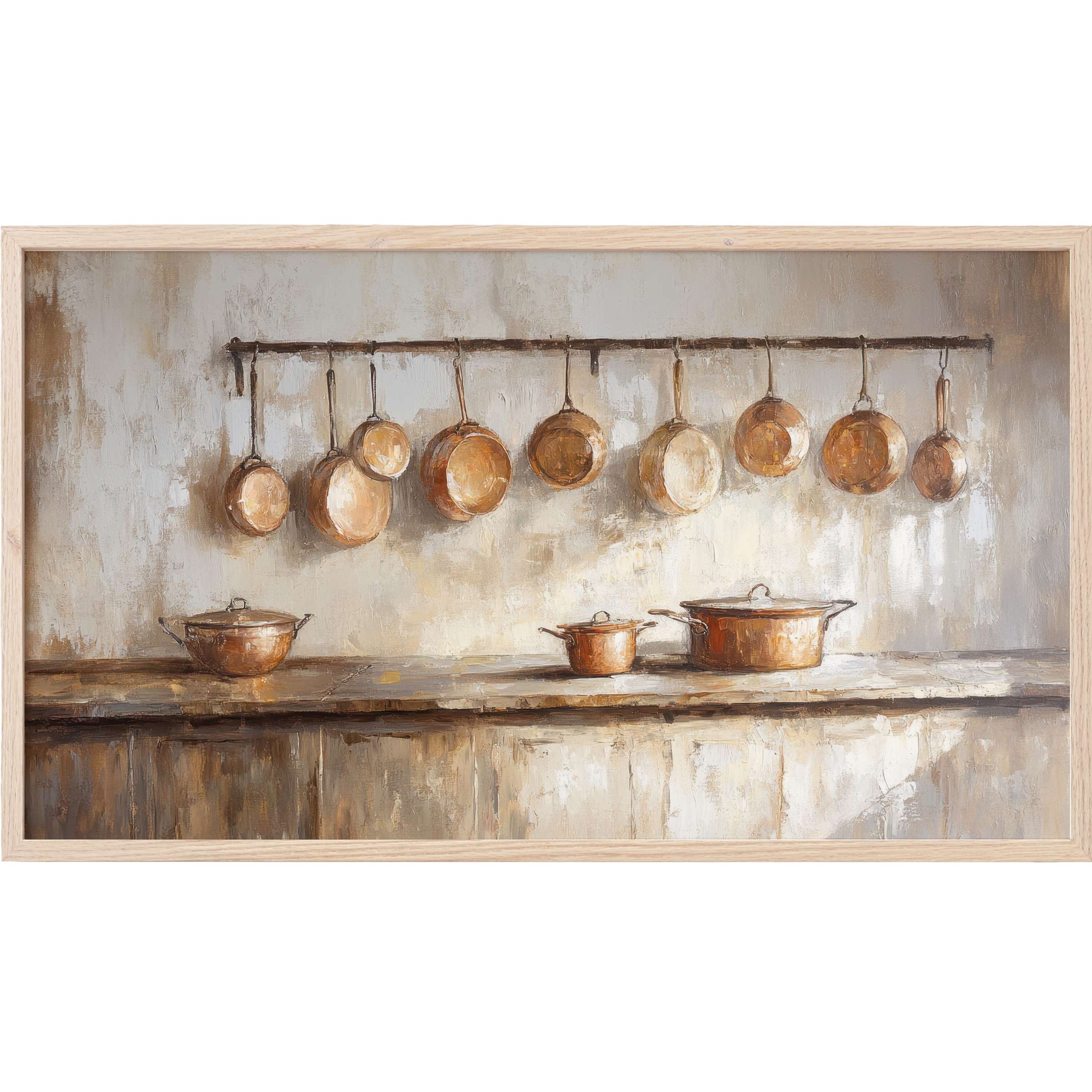 Farmhouse Frame TV Art depicts warm copper pots against a textured neutral backdrop in a soft, rustic style