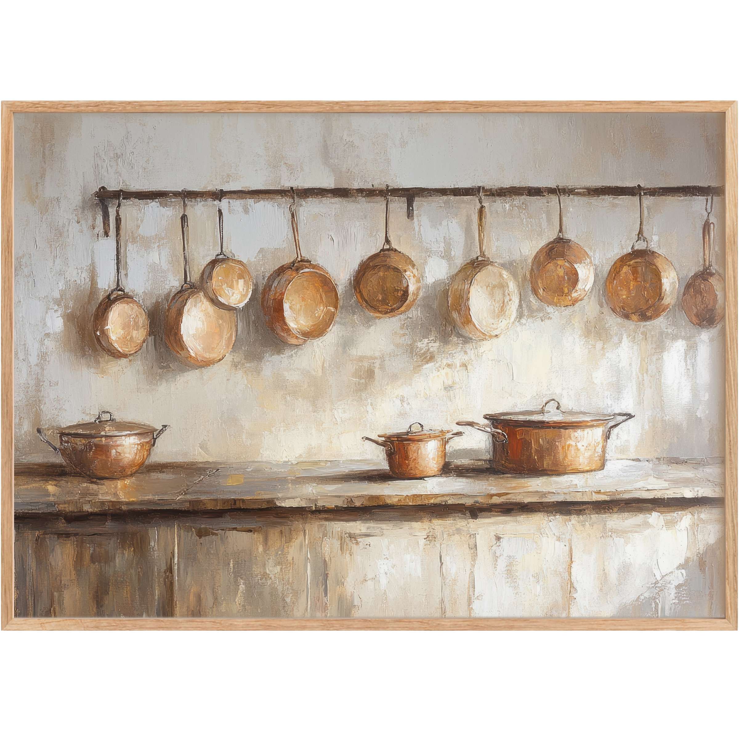 Warm copper tones and soft neutrals evoke a cozy, inviting kitchen scene in this farmhouse printable wall art, radiating timeless charm