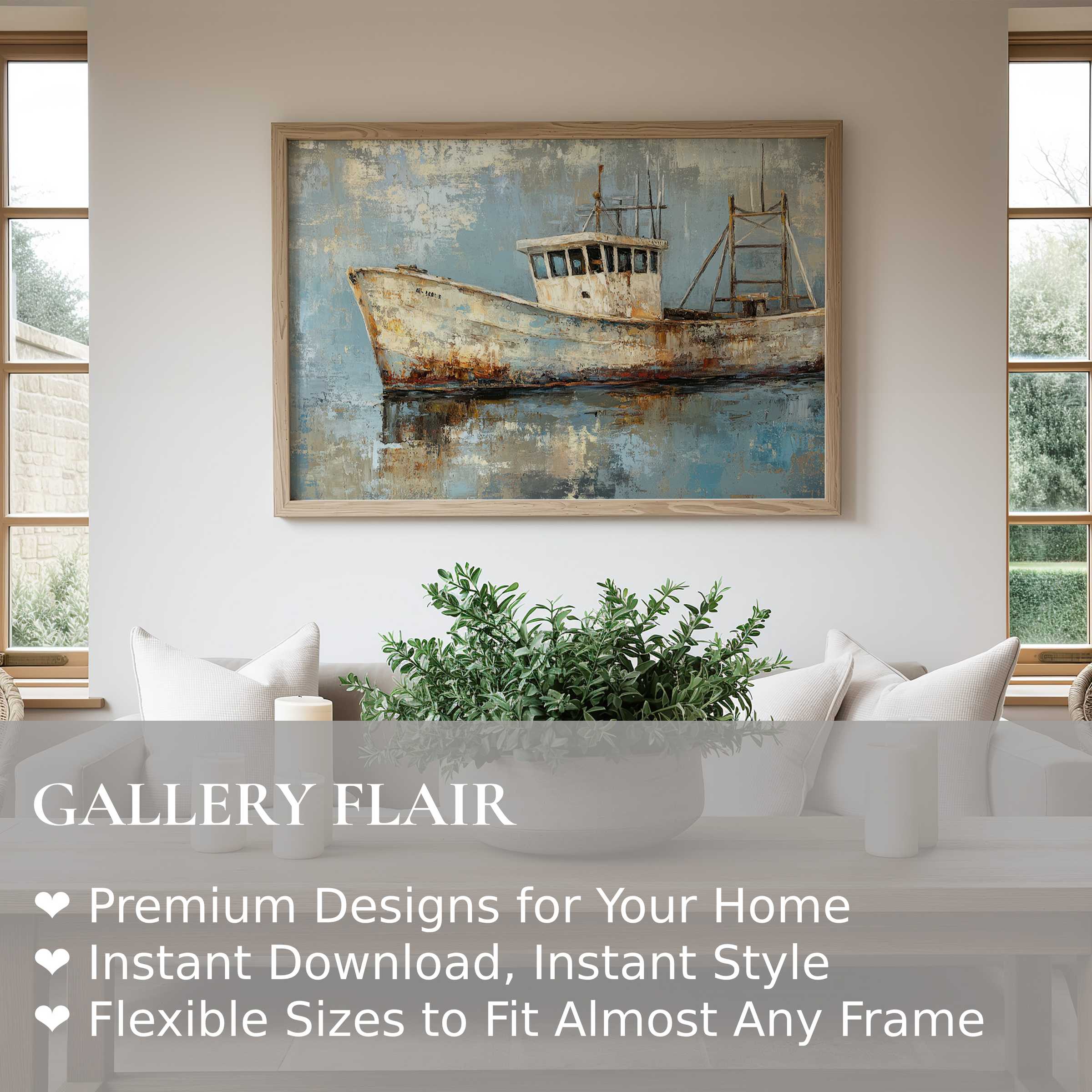 Coastal wall art print showcasing a weathered fishing boat in soft blues and rust tones, adding rustic charm to modern coastal interiors