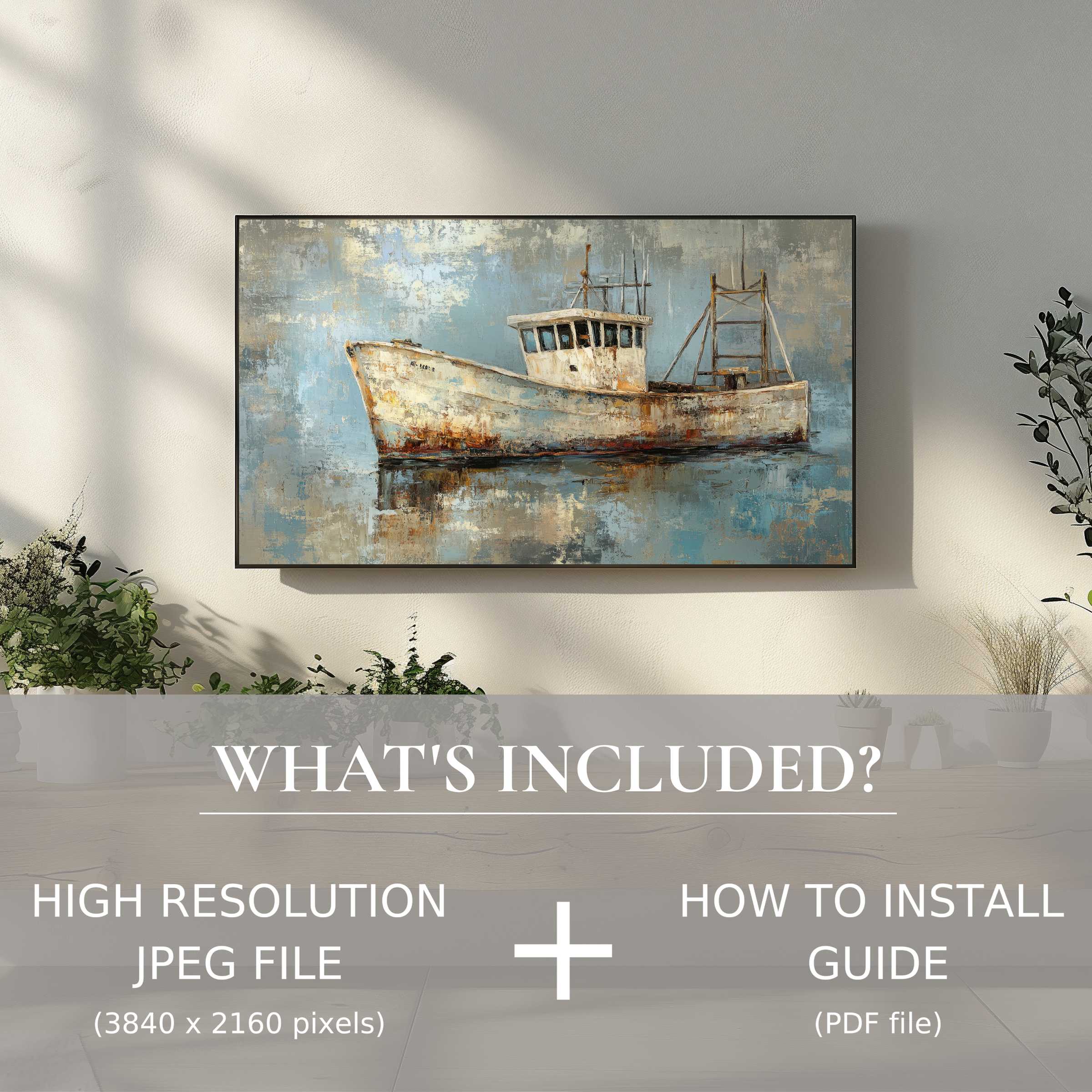 Coastal digital TV art download featuring serene boat scene, easily enhancing stylish living spaces with simple digital use