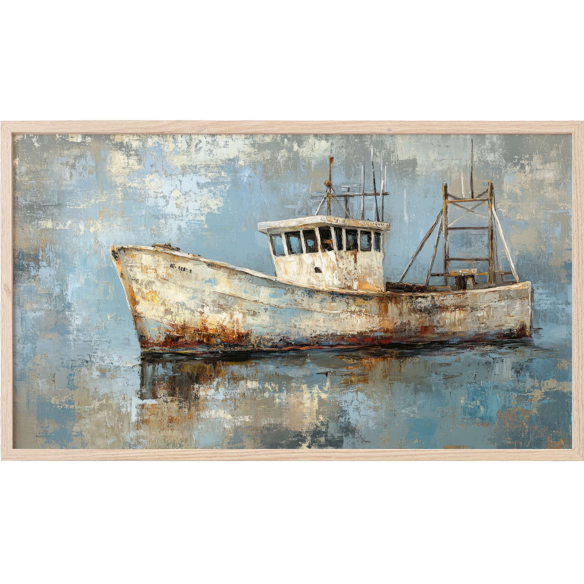 Elegant coastal Frame TV Art of a rustic fishing boat in muted blues, grays, and warm rust tones with a textured finish
