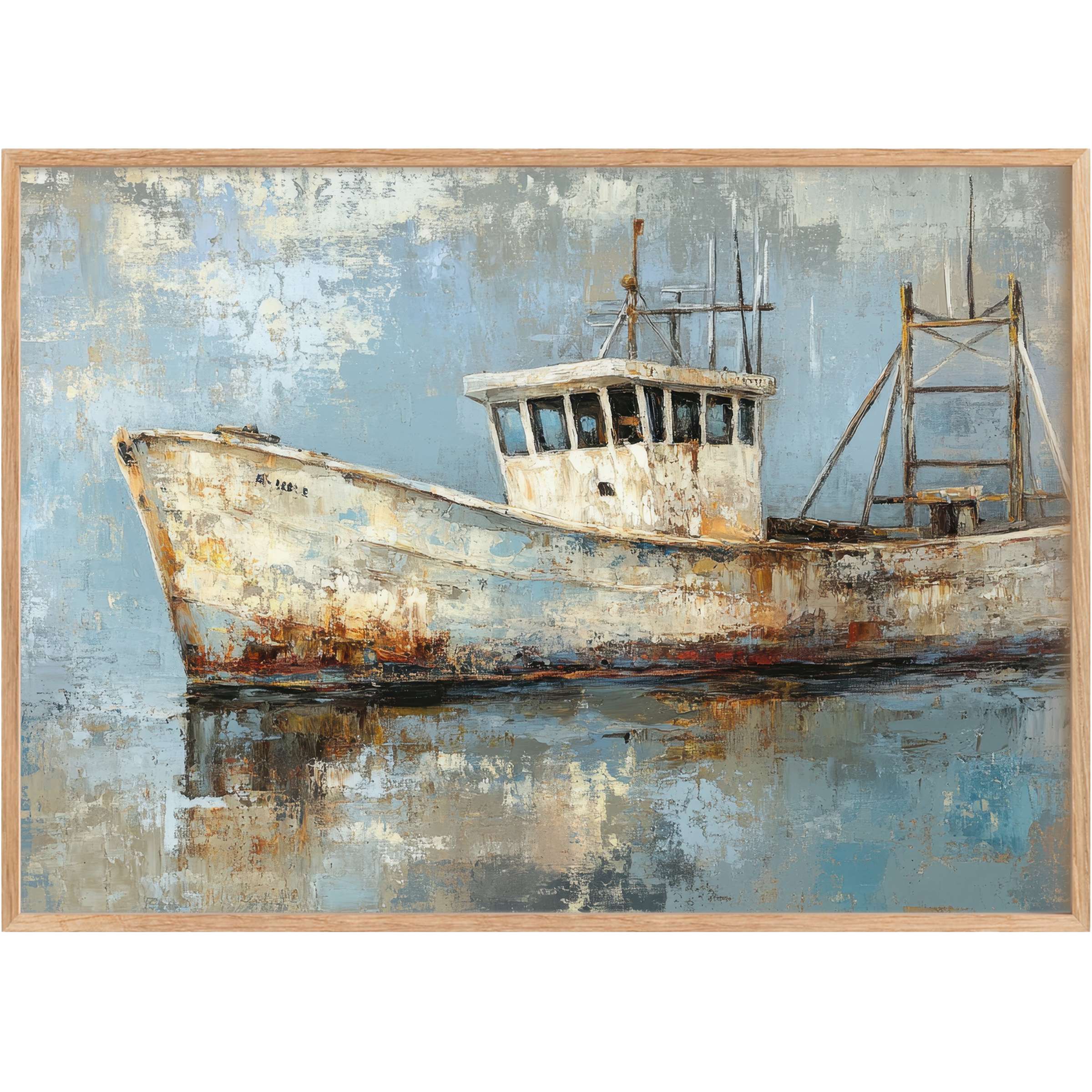 Coastal printable wall art capturing a weathered fishing boat in serene blues and rust, evoking tranquil nostalgia
