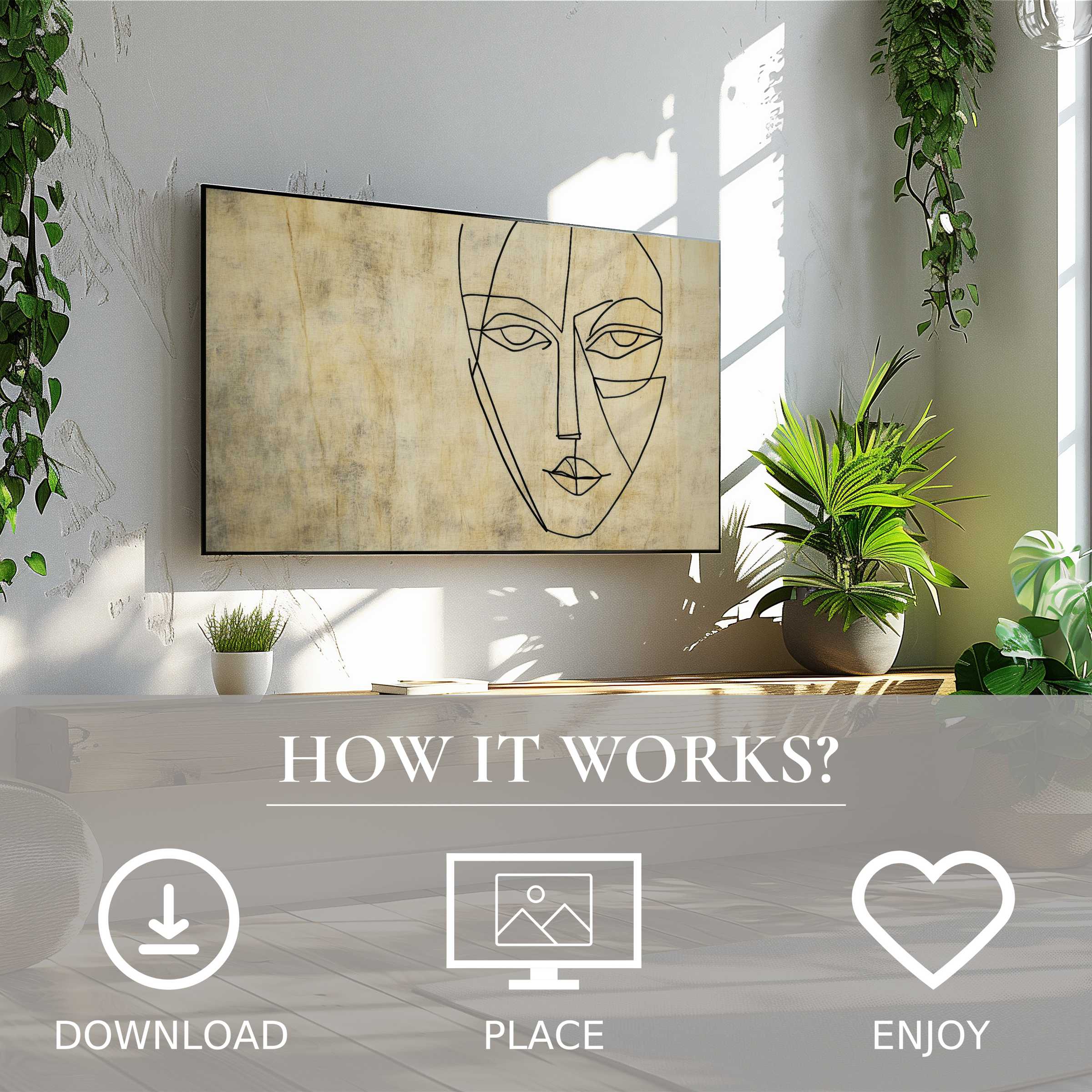 Minimalist art for Samsung TV showcasing an abstract face in soft earth tones Easy digital download enriches spaces