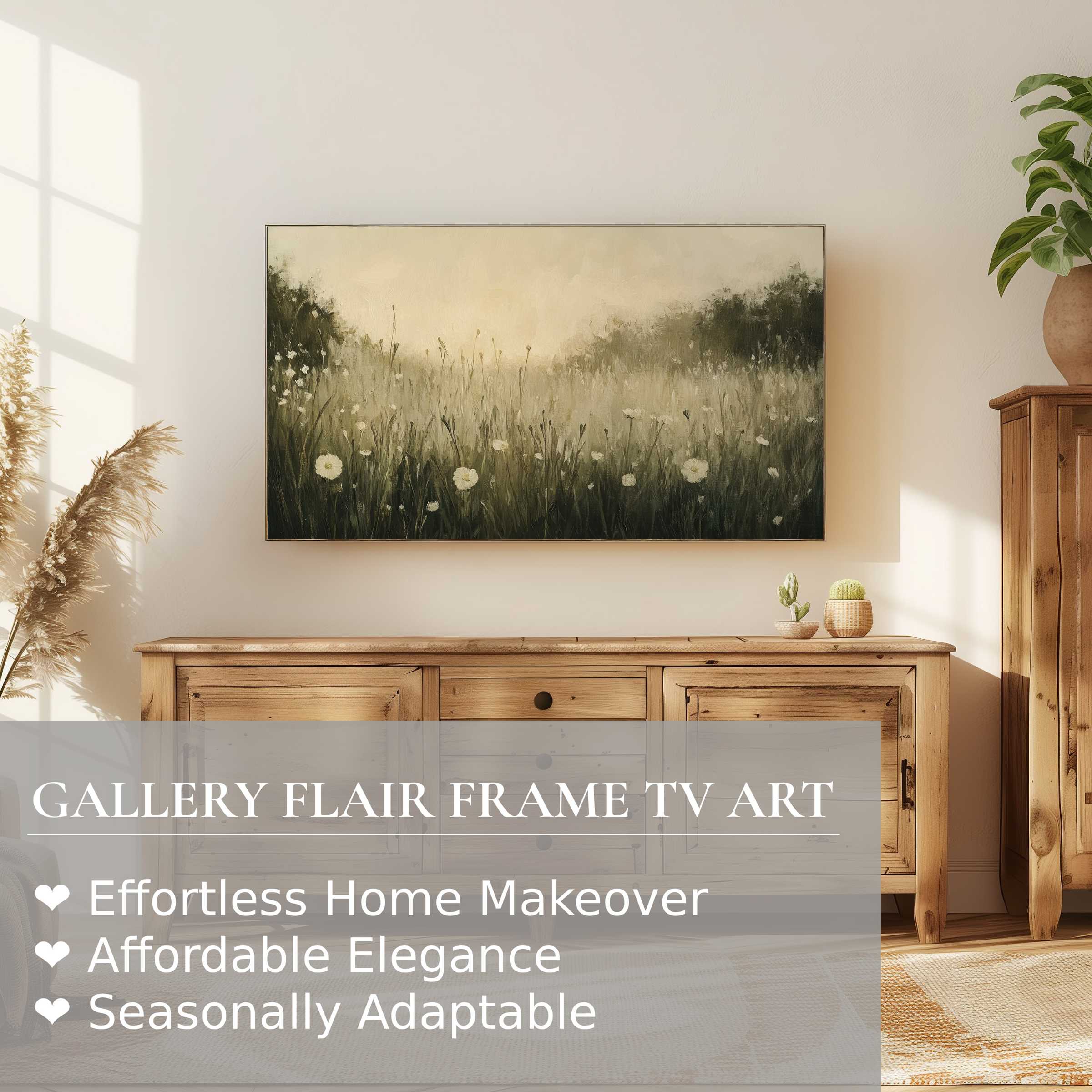 Samsung Frame TV displaying soft, muted spring digital artwork in a warm, modern rustic living space