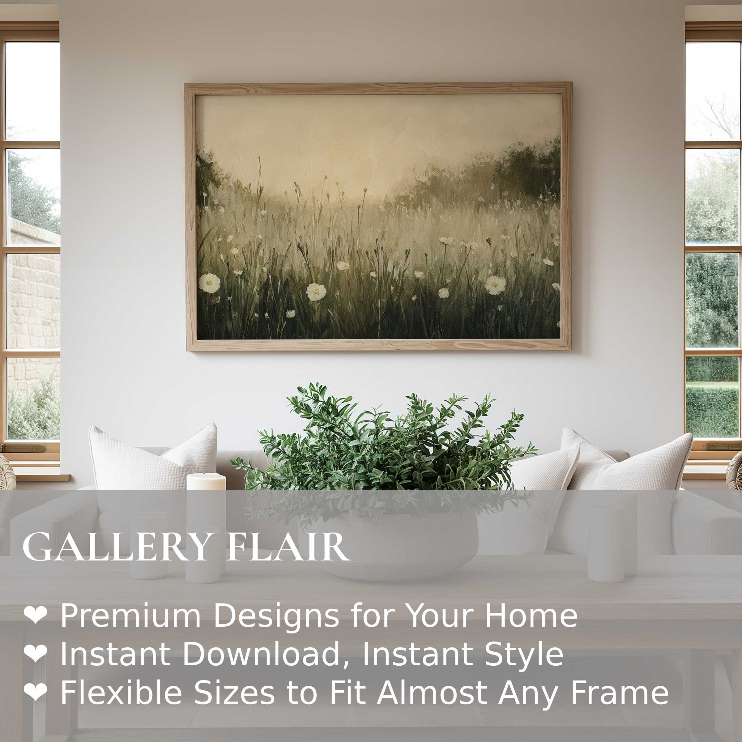 Spring wall art print depicting a soft, calming meadow scene in muted greens and creams, enhancing modern minimalist interiors with serene, natural elegance