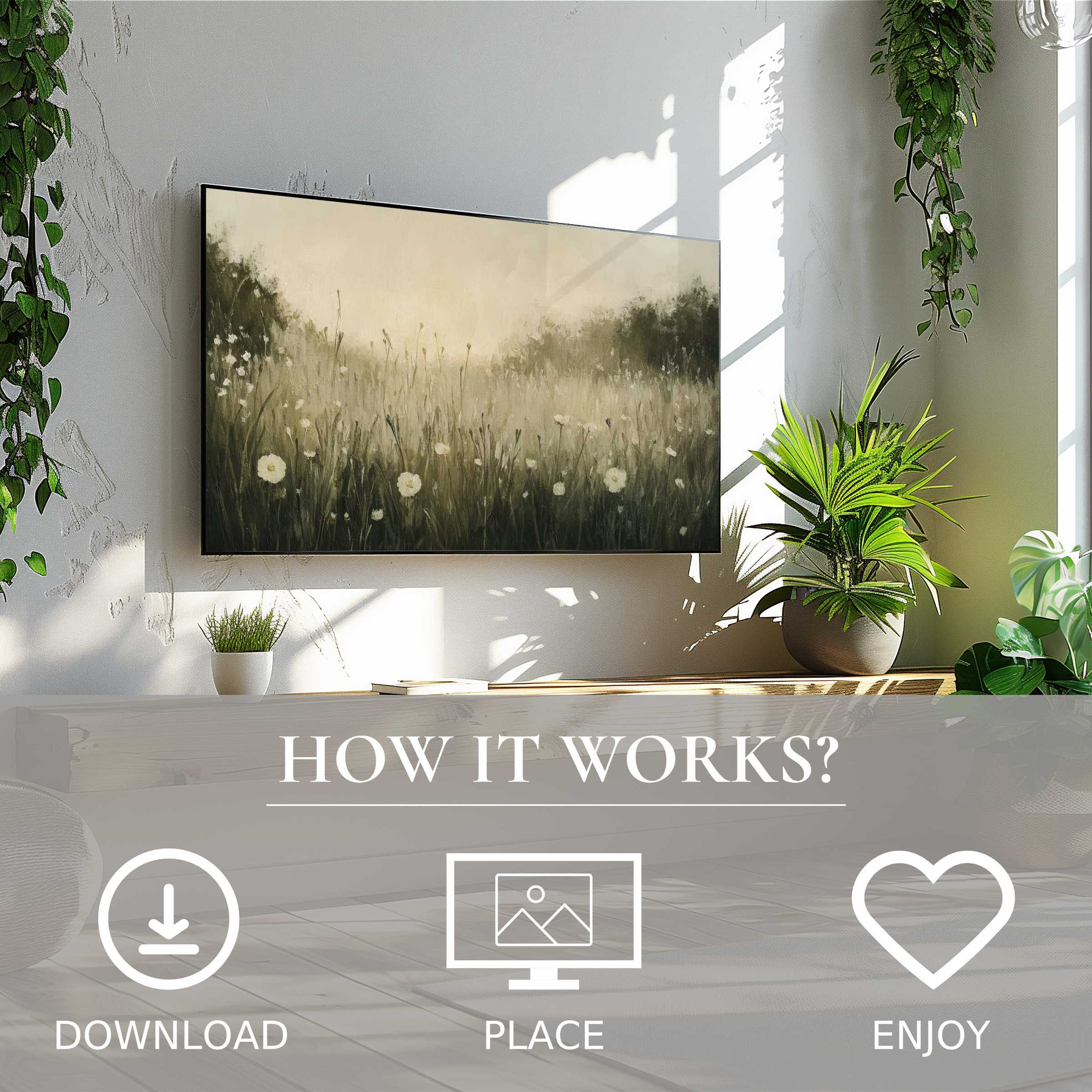 Spring art for Samsung TV shows soft color flow meadow motif, easy digital download enriches your modern living space