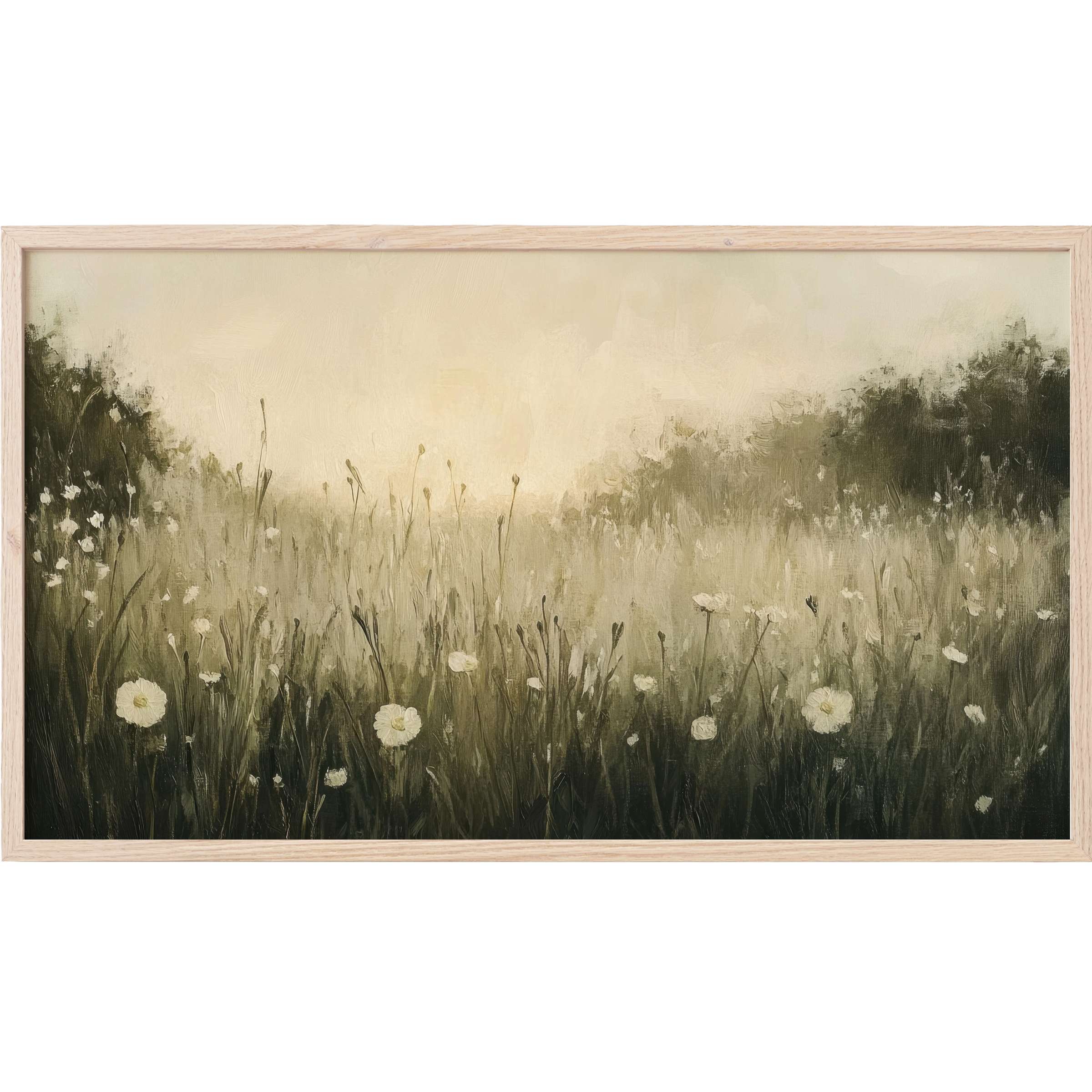 Soft muted greens and creams depict a serene floral meadow in elegant spring Frame TV Art style