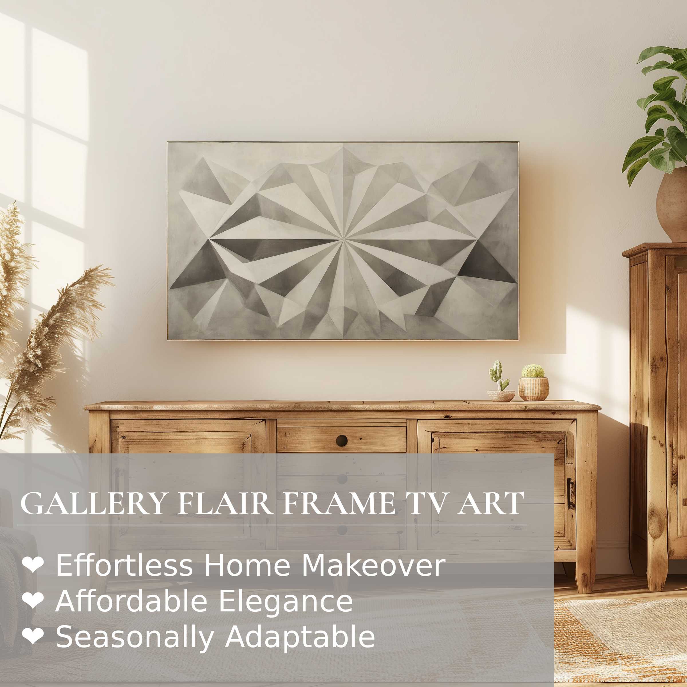 Modern living room with natural wood furniture, Samsung Frame TV displaying neutral digital artwork in soft tones