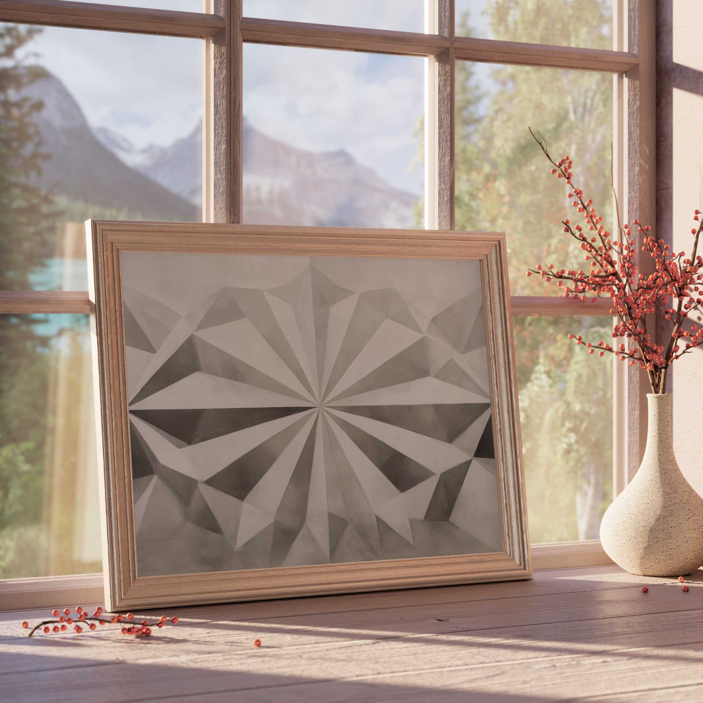 Neutral downloadable art featuring a geometric mandala in soft grays, elevating serene, curated modern interiors with timeless elegance
