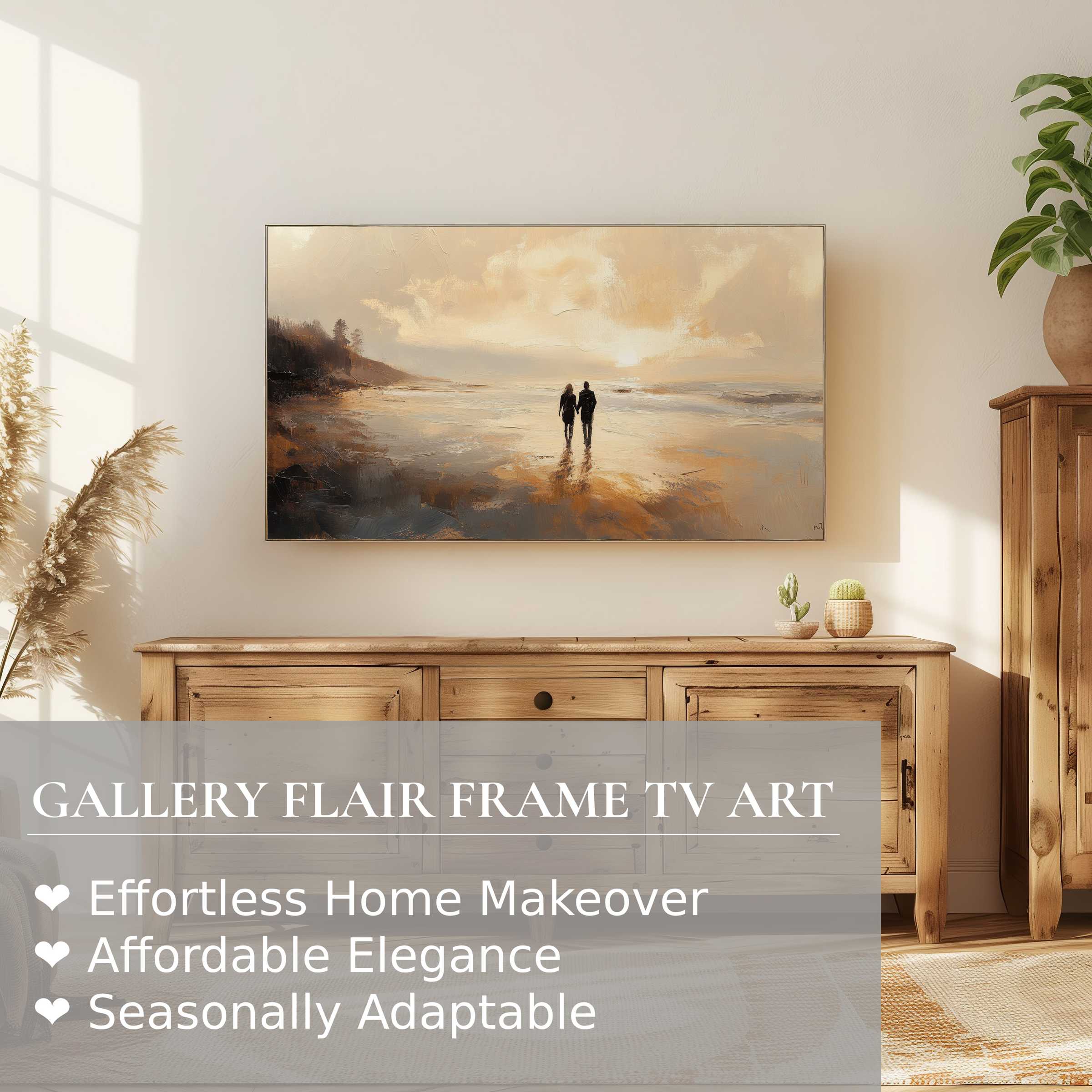 Samsung Frame TV displaying serene beach digital artwork, blending warm tones with modern coastal elegance