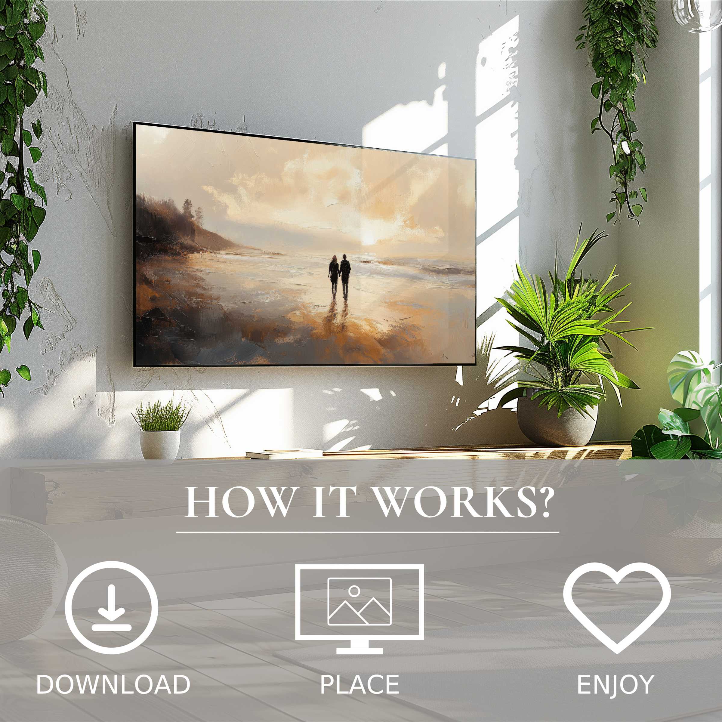 Modern living room with beach art for Samsung TV showing soft sunset tones; easy digital download enriches space