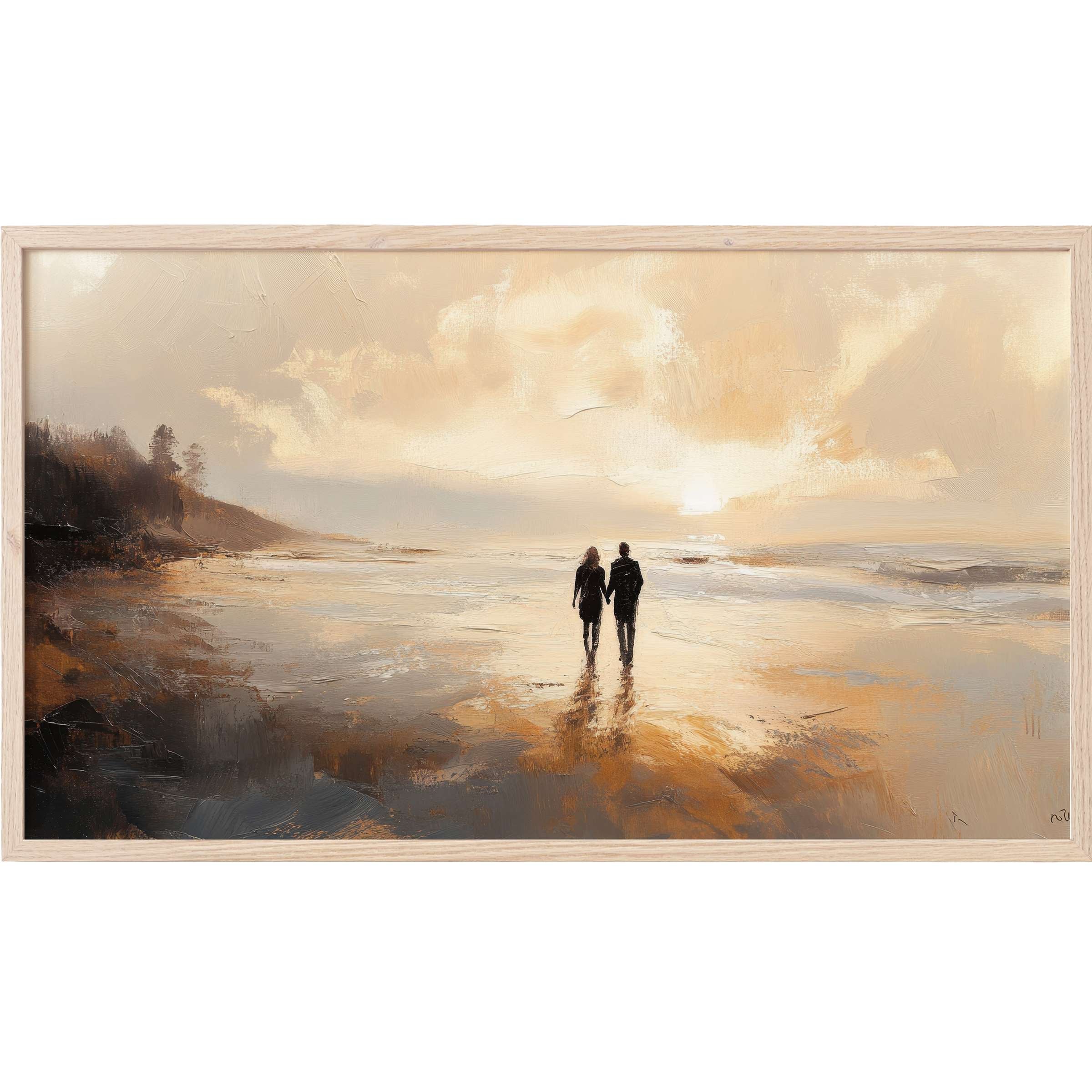 Serene beach Frame TV Art of a couple walking at sunset, warm beige and brown tones with impressionist brushstrokes
