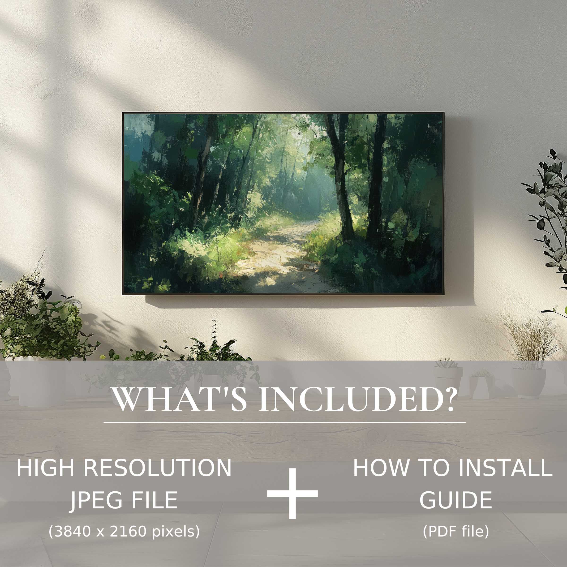 Elegant summer digital TV art download featuring serene forest path, easy digital use enhancing stylish living spaces