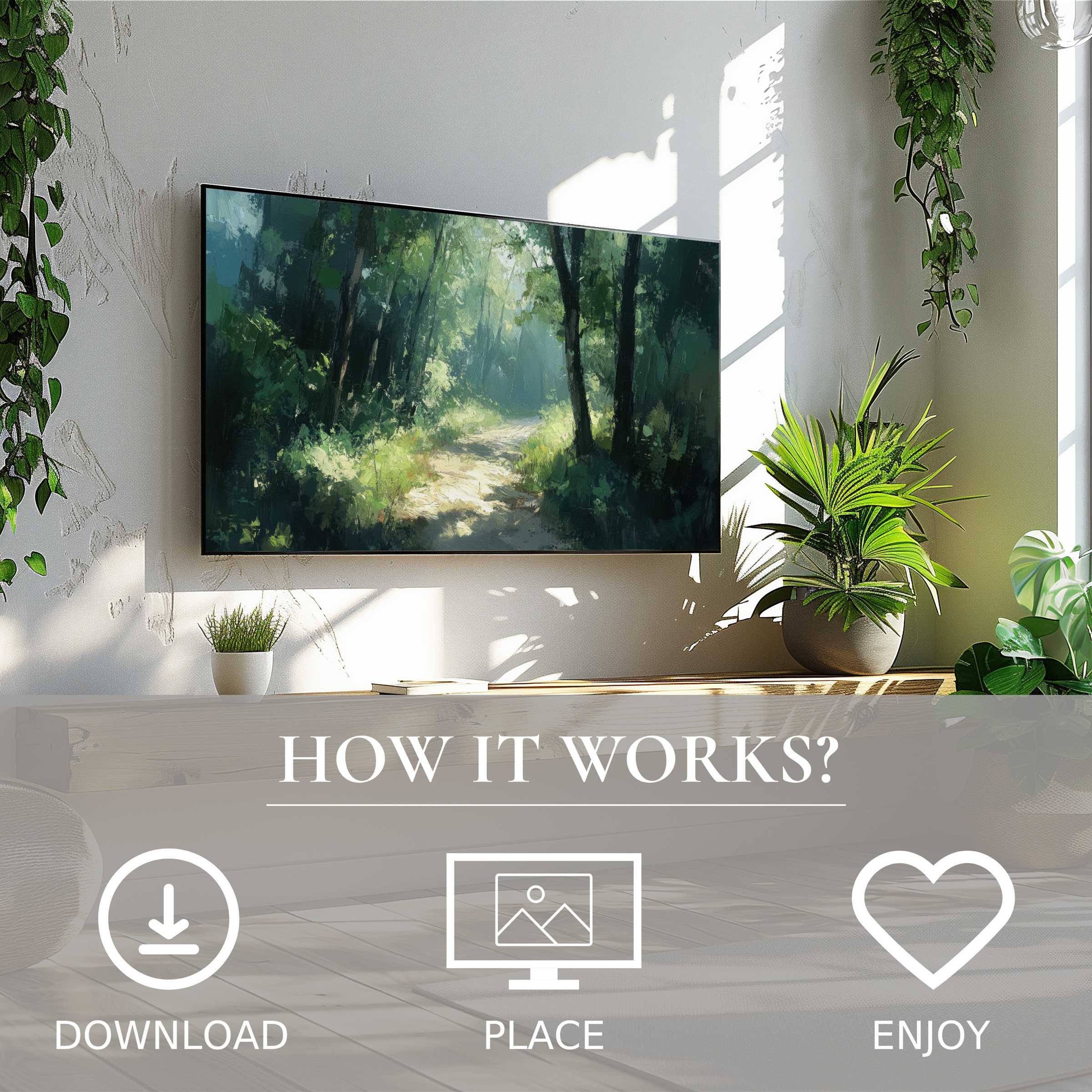 Summer art for Samsung TV: serene forest path with soft green hues, easy digital download enriches stylish living spaces